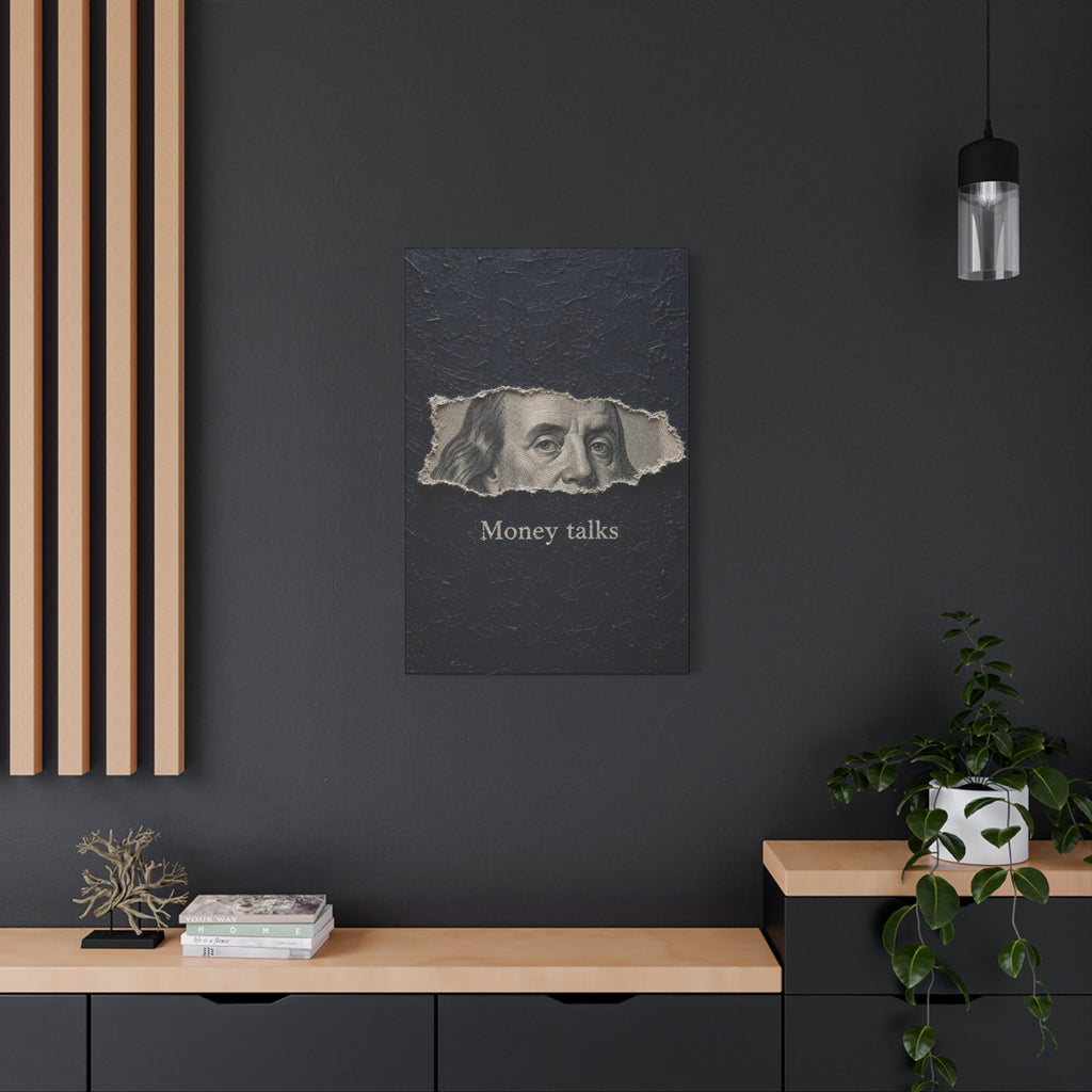 Money Talks Canvas Wall Art — Benjamin Franklin Torn-Paper Design