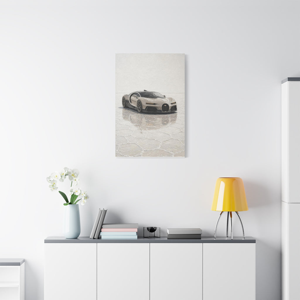 Luxury Sports Car Canvas Print - Bugatti White Reflection (Matte Stretched)