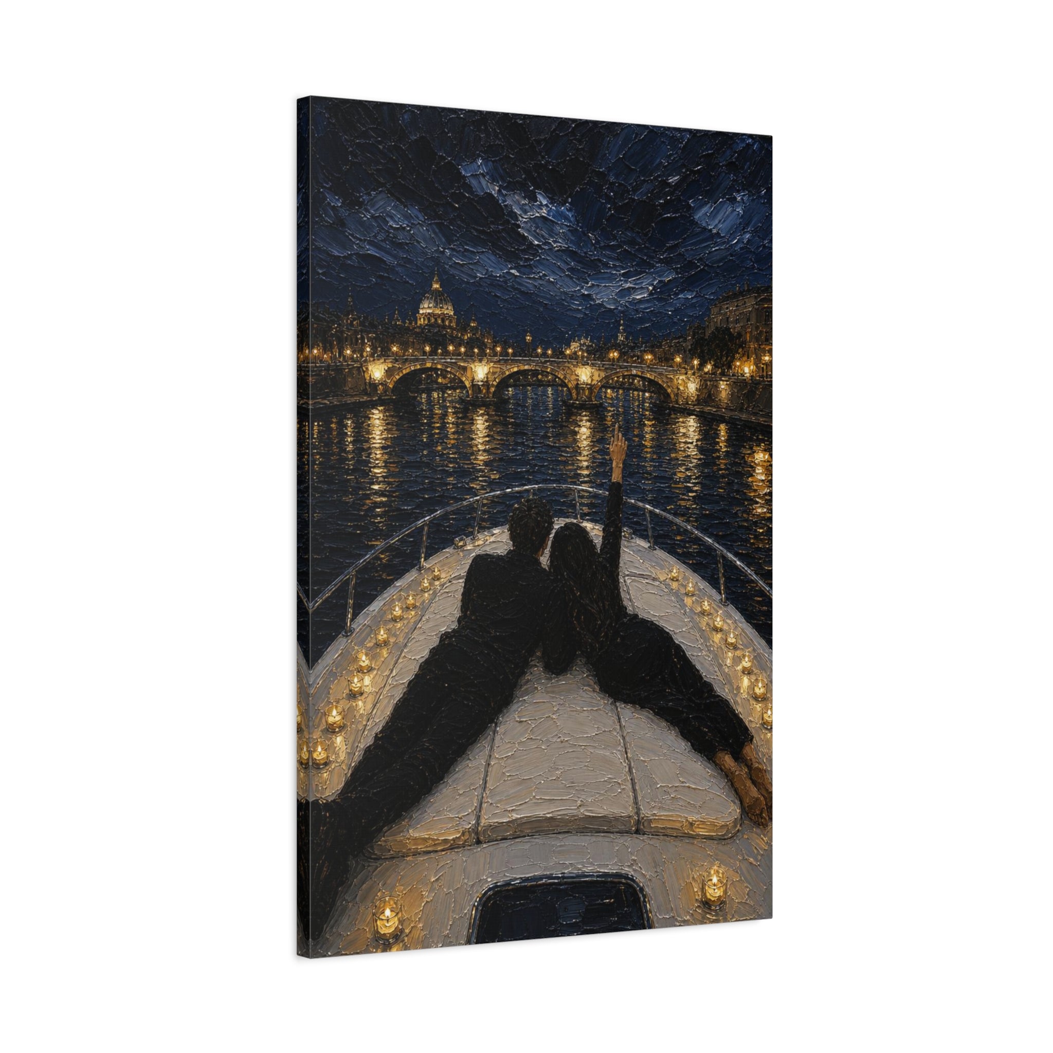Romantic Night Cruise Canvas Print — Couple on Boat Over City Lights