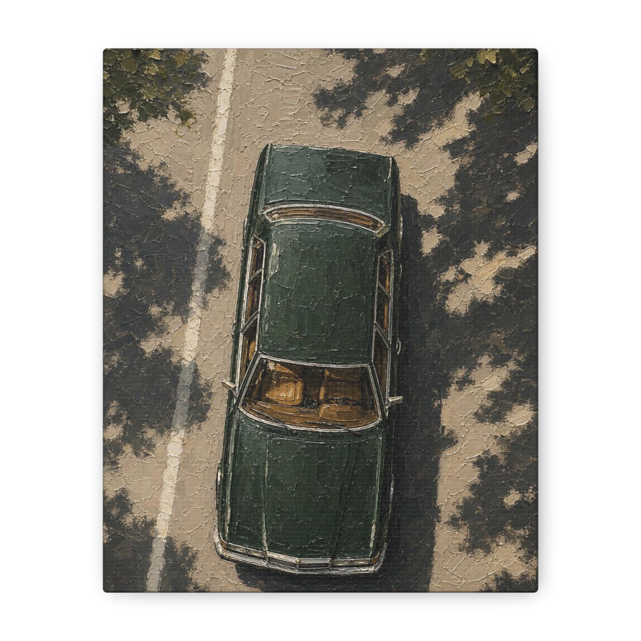 Vintage Green Car Canvas Print — Aerial Retro Automobile Wall Art