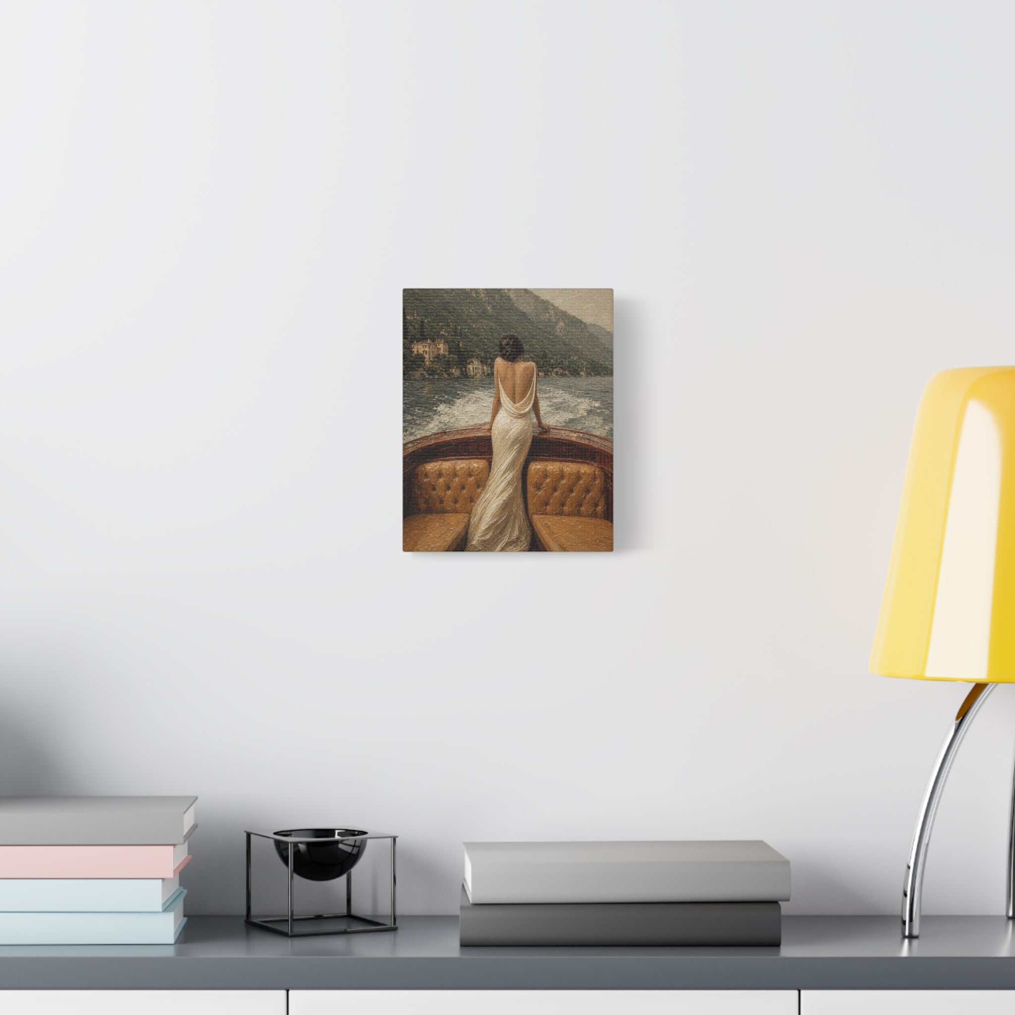 Vintage Lake Escape Canvas Wall Art — Woman in White Dress Boat Scene (Matte Stretched)