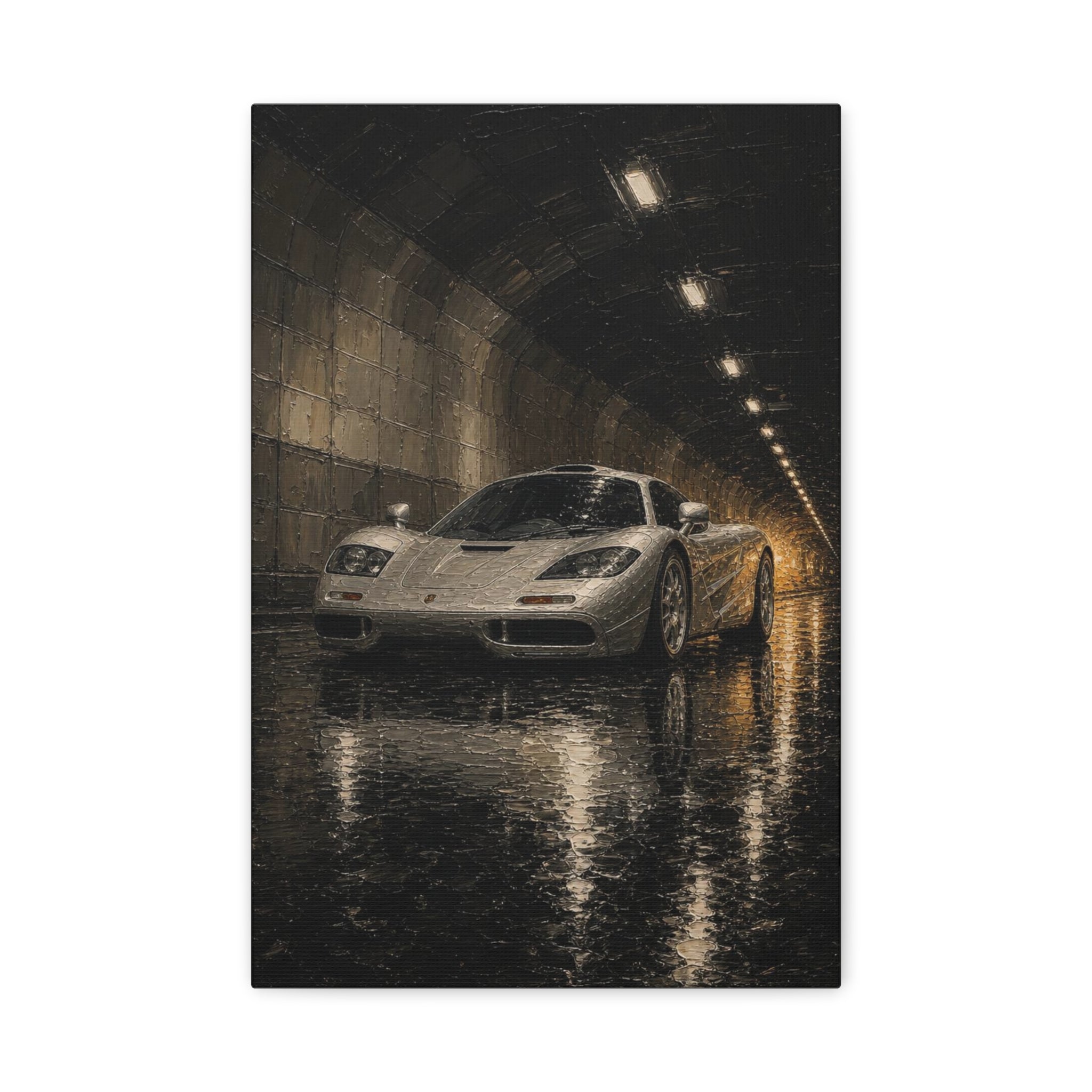 Silver Supercar Canvas Print — Rainy Tunnel Wall Art for Garage &amp; Man Cave