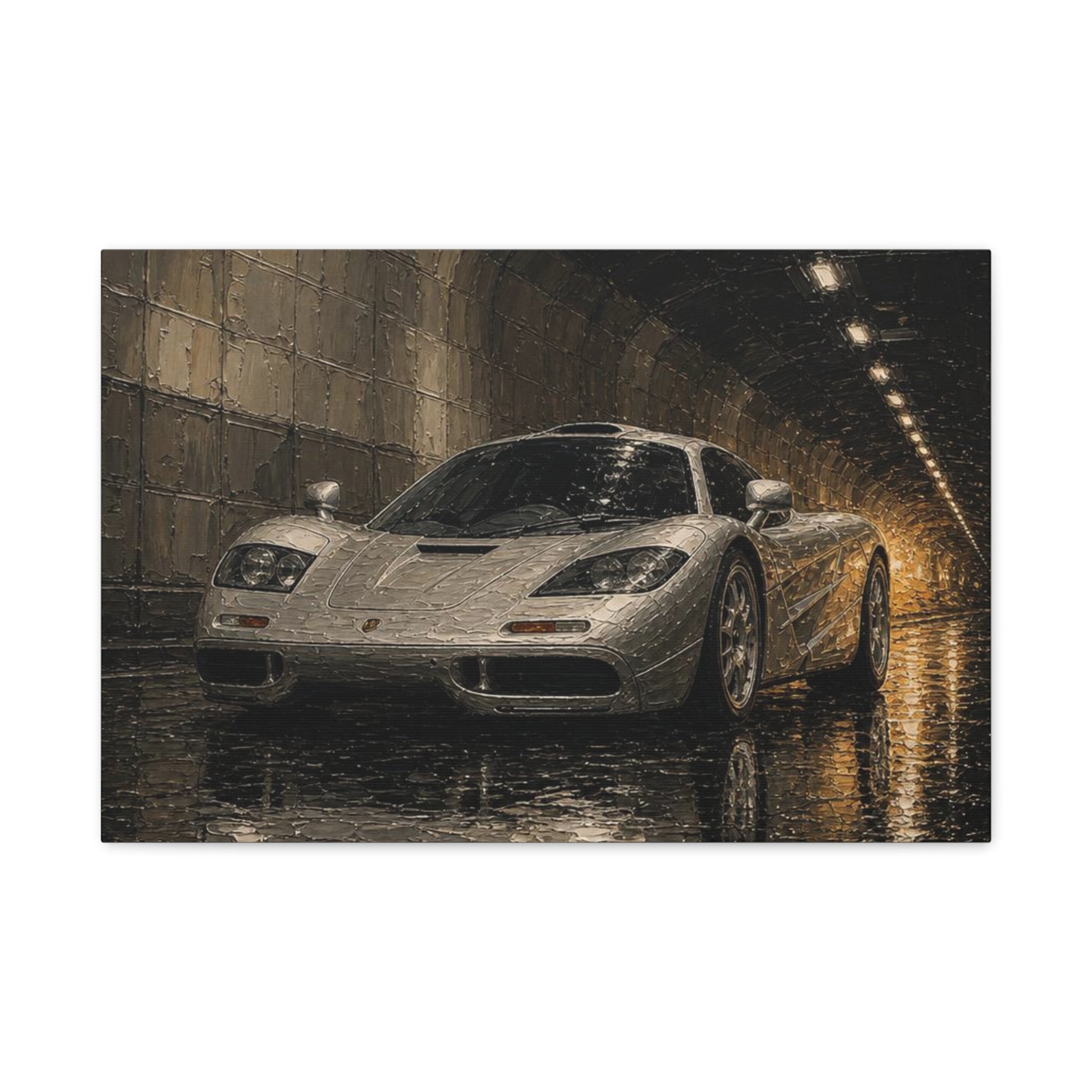 Silver Supercar Canvas Print — Rainy Tunnel Wall Art for Garage &amp; Man Cave