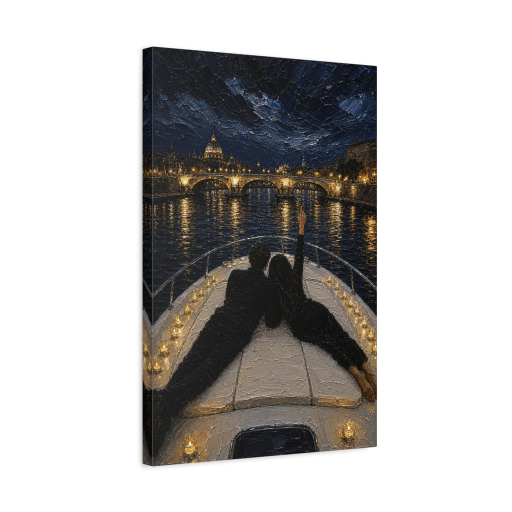 Romantic Night Cruise Canvas Print — Couple on Boat Over City Lights