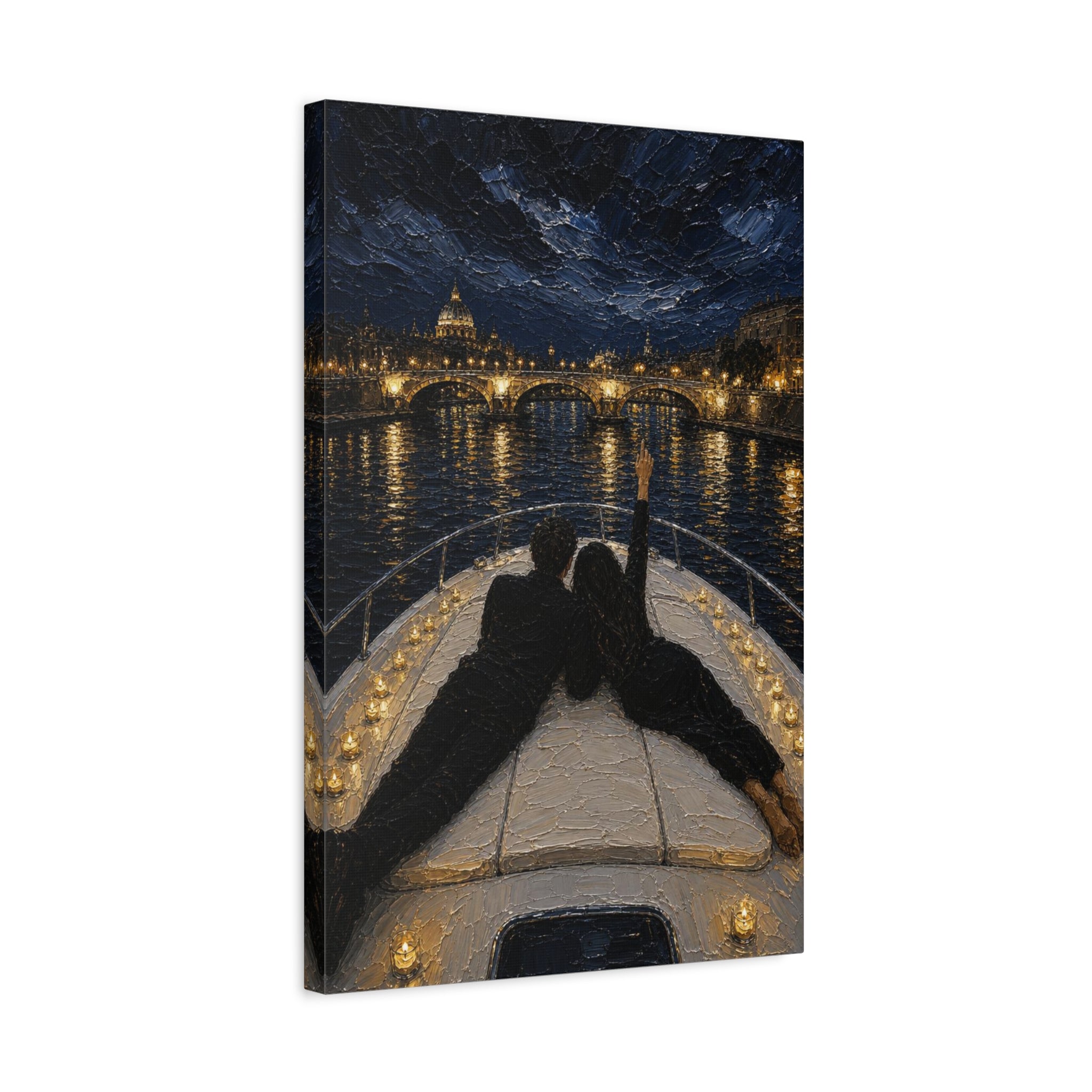 Romantic Night Cruise Canvas Print — Couple on Boat Over City Lights