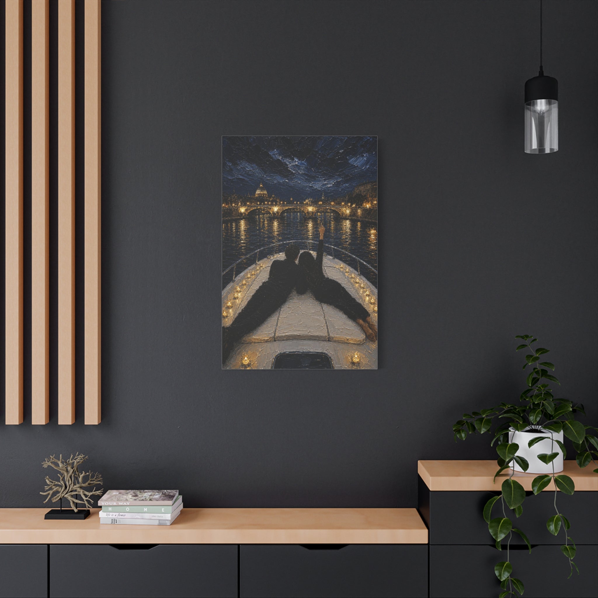 Romantic Night Cruise Canvas Print — Couple on Boat Over City Lights