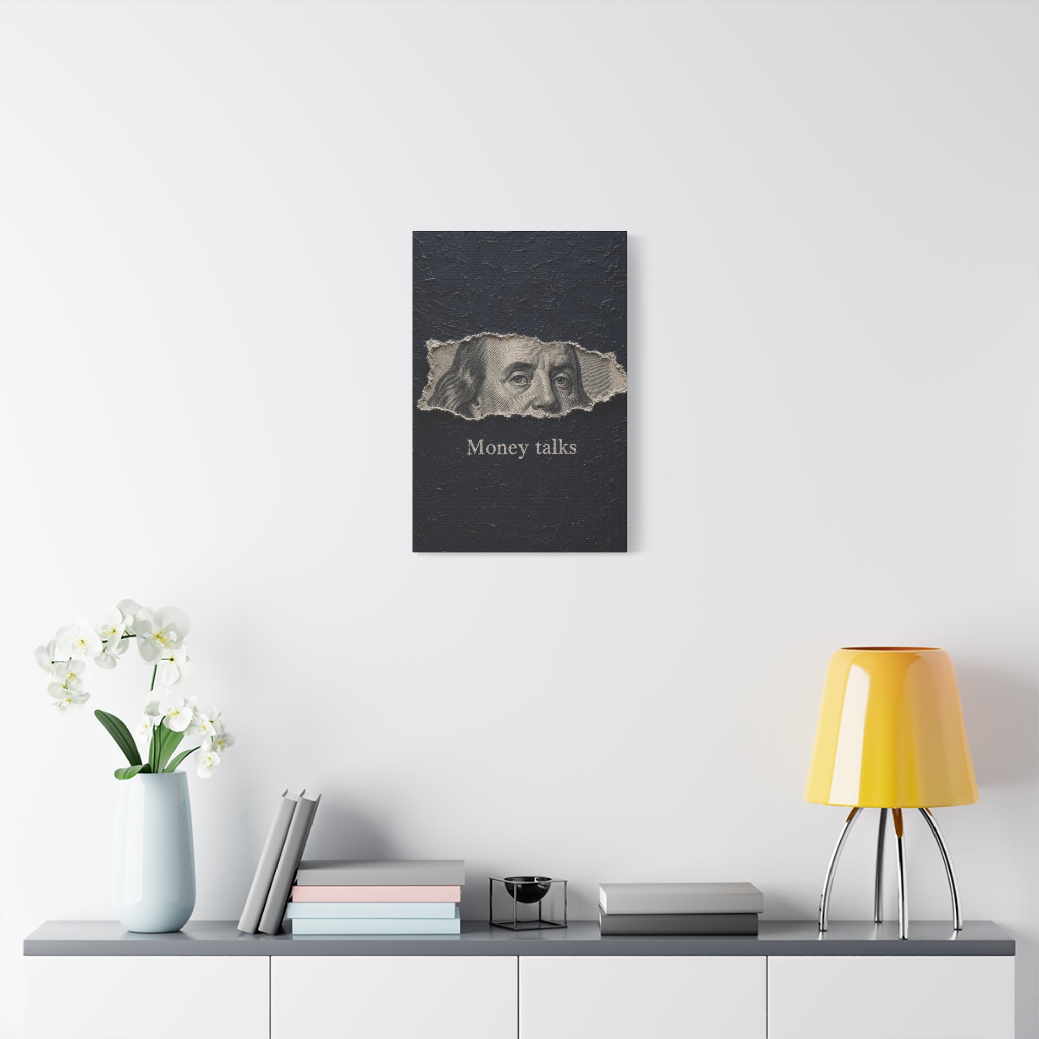 Money Talks Canvas Wall Art — Benjamin Franklin Torn-Paper Design