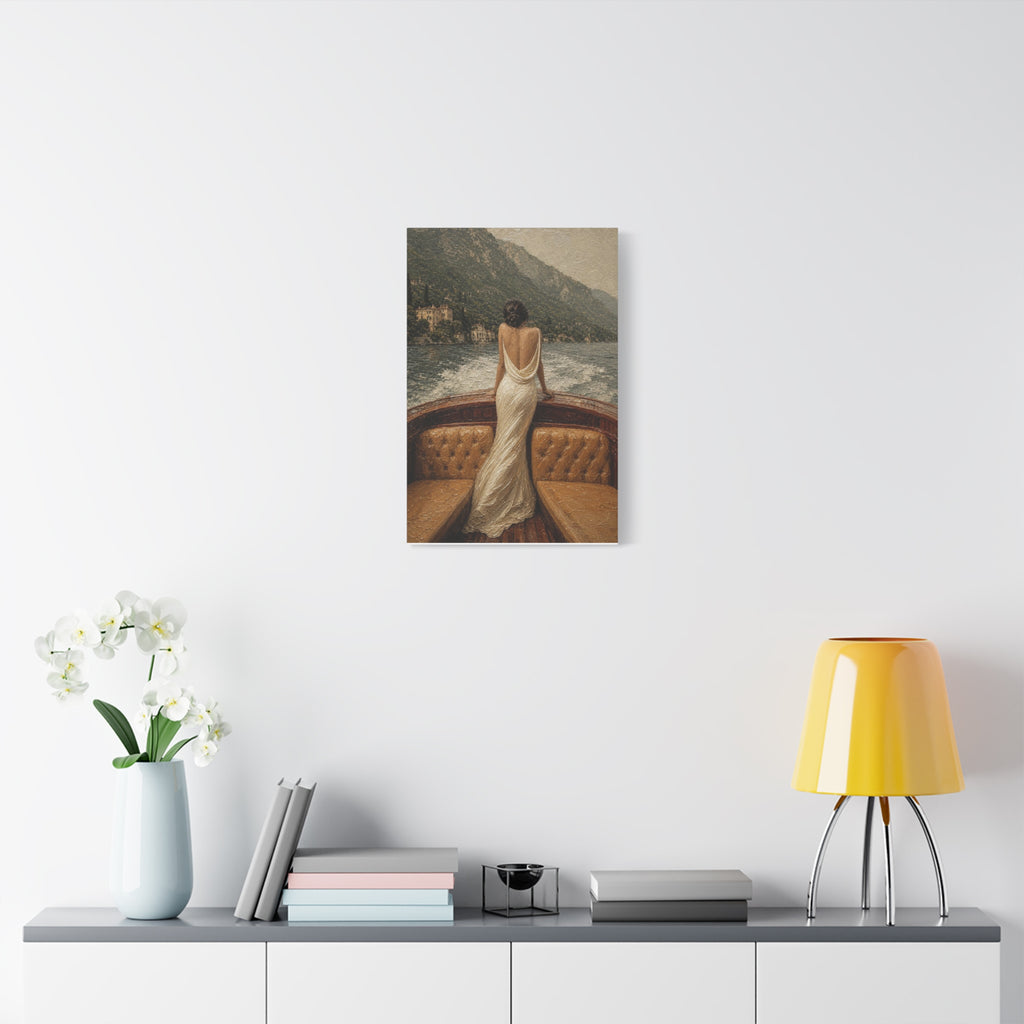 Vintage Lake Escape Canvas Wall Art — Woman in White Dress Boat Scene (Matte Stretched)