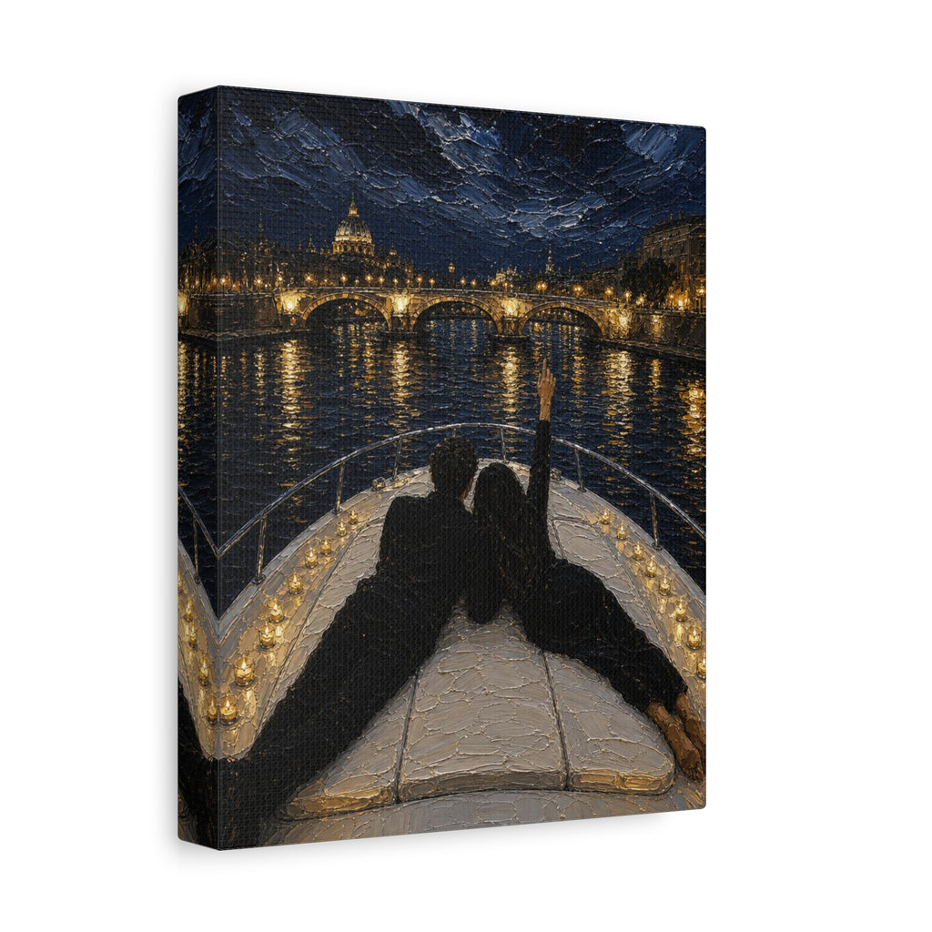 Romantic Night Cruise Canvas Print — Couple on Boat Over City Lights