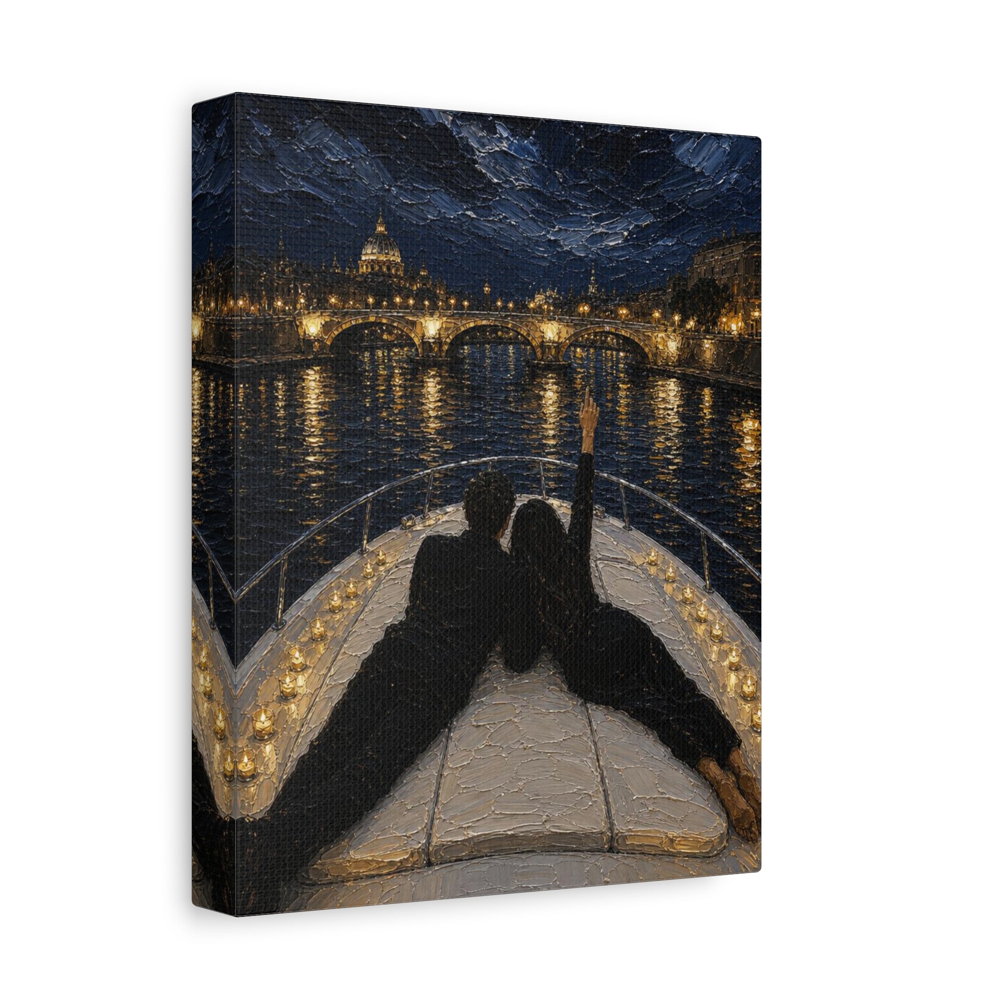 Romantic Night Cruise Canvas Print — Couple on Boat Over City Lights