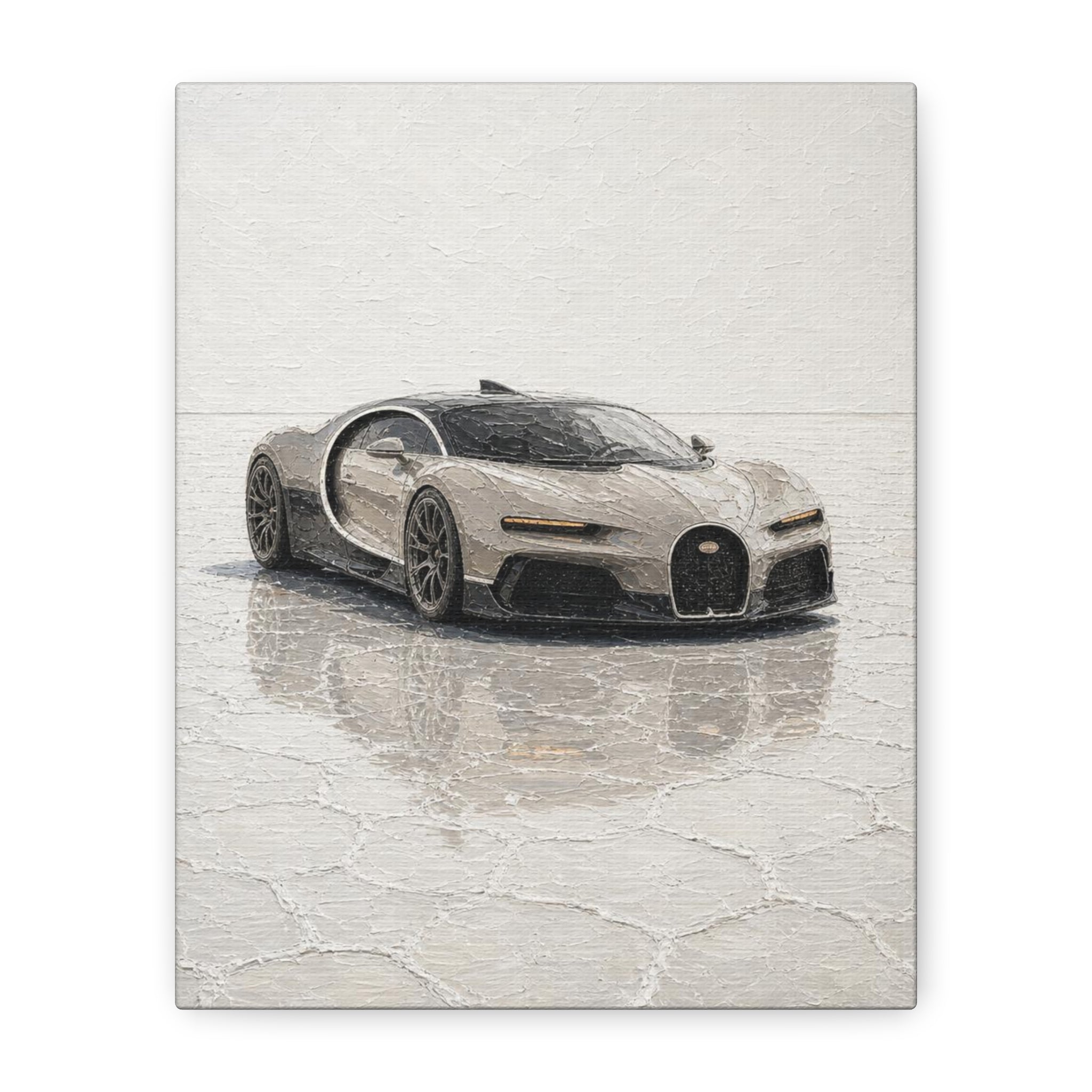 Luxury Sports Car Canvas Print - Bugatti White Reflection (Matte Stretched)