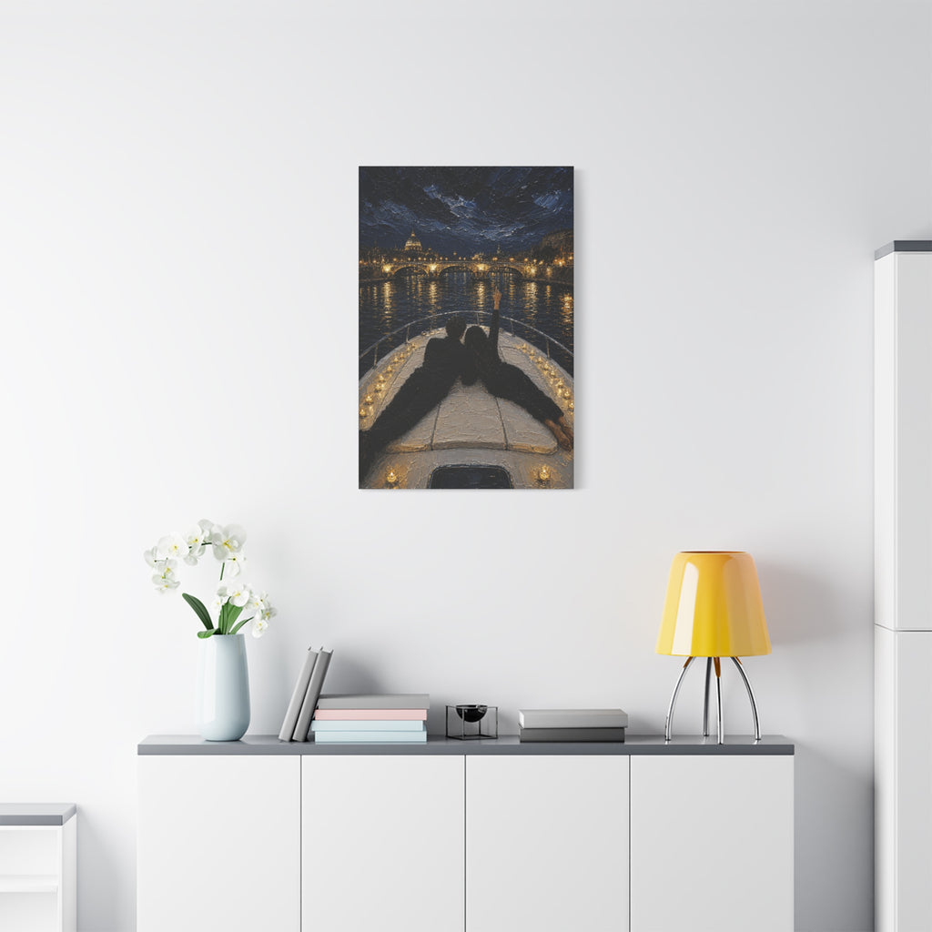 Romantic Night Cruise Canvas Print — Couple on Boat Over City Lights
