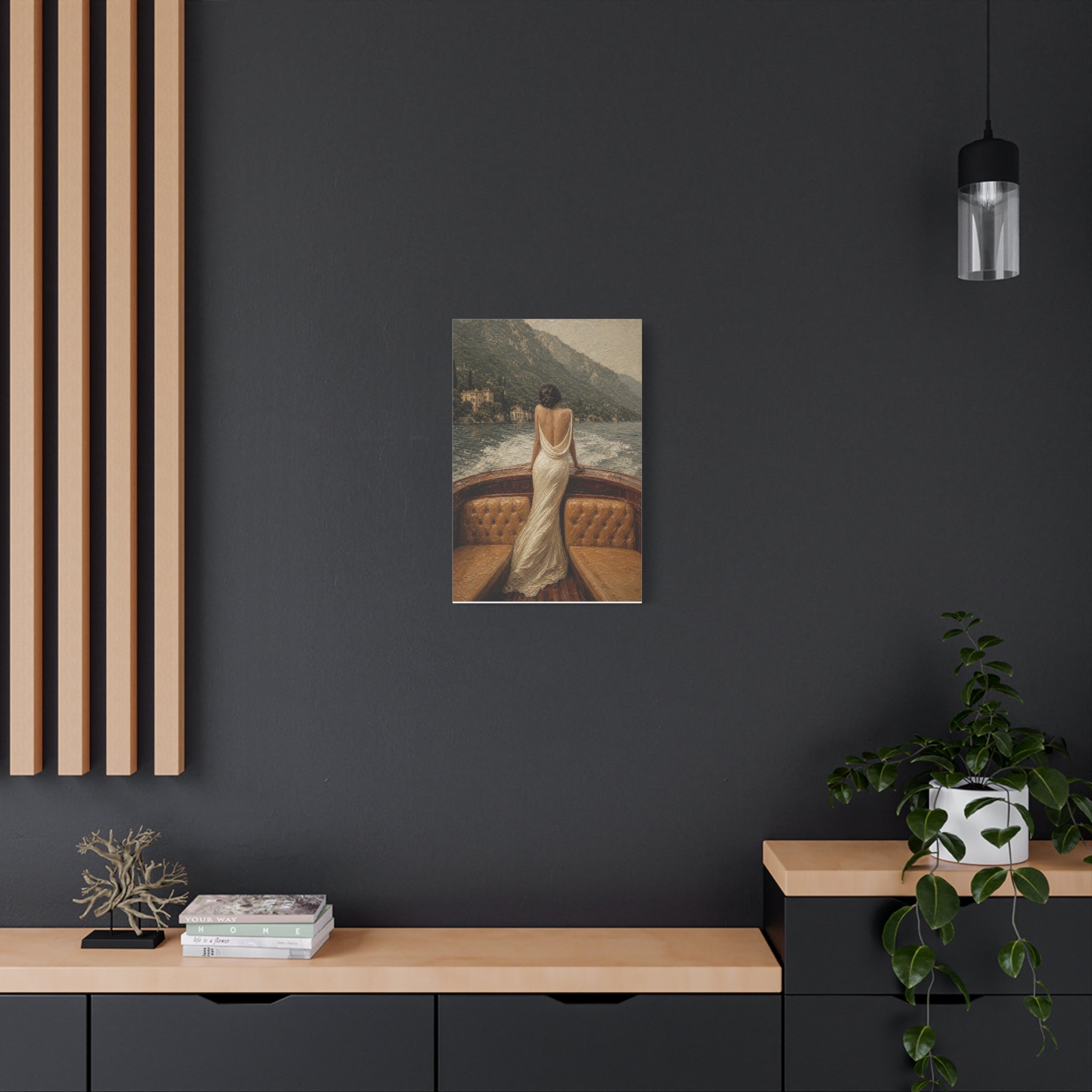 Vintage Lake Escape Canvas Wall Art — Woman in White Dress Boat Scene (Matte Stretched)