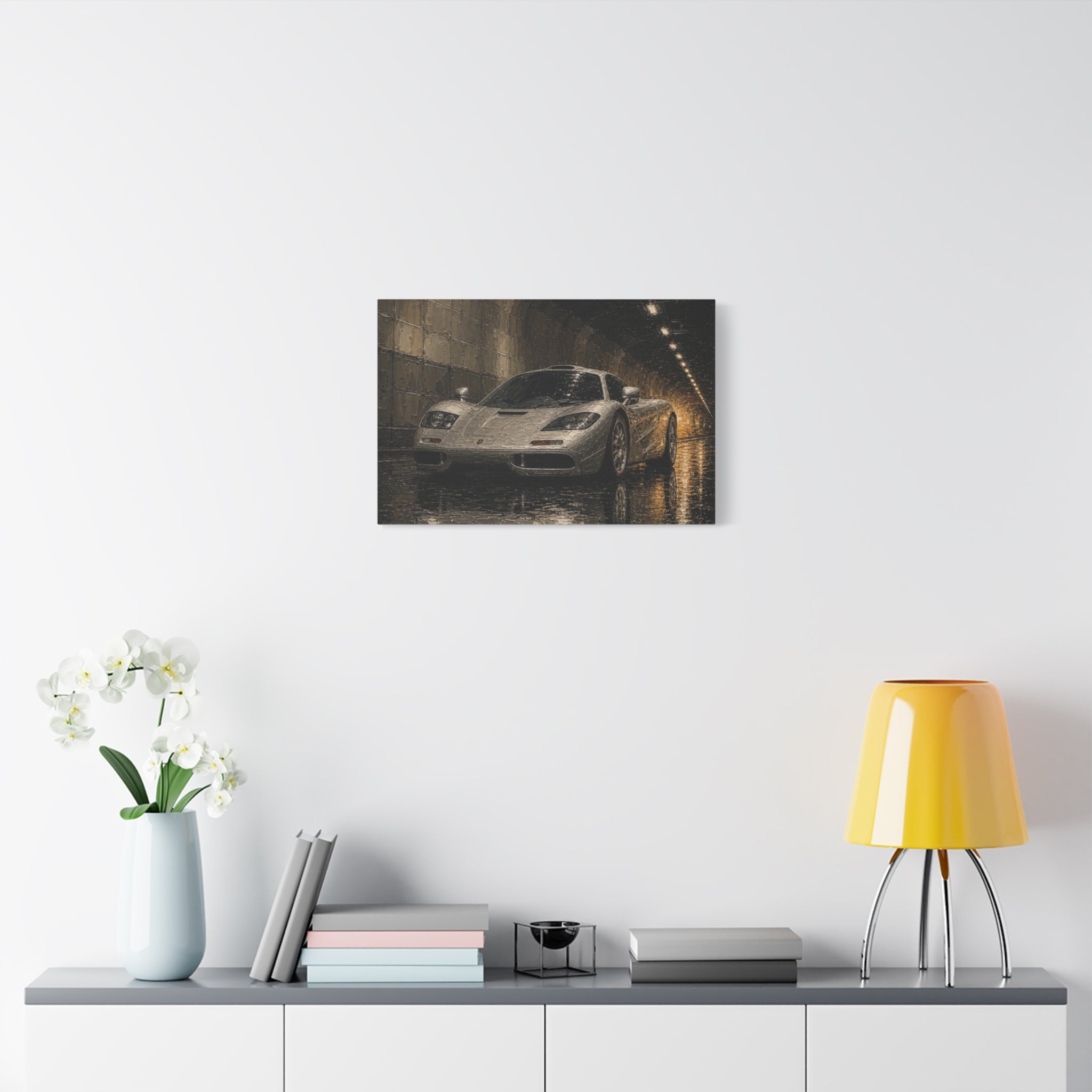 Silver Supercar Canvas Print — Rainy Tunnel Wall Art for Garage &amp; Man Cave