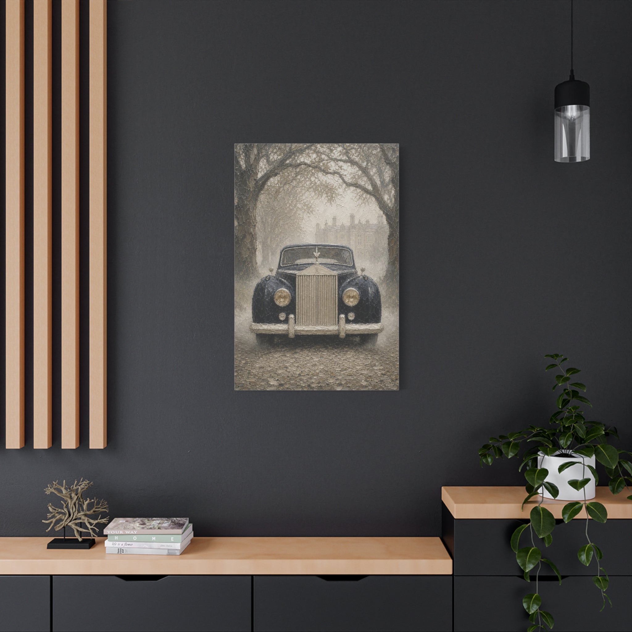 Vintage Rolls-Royce Canvas Wall Art — Classic Black Car Stretched Matte Canvas