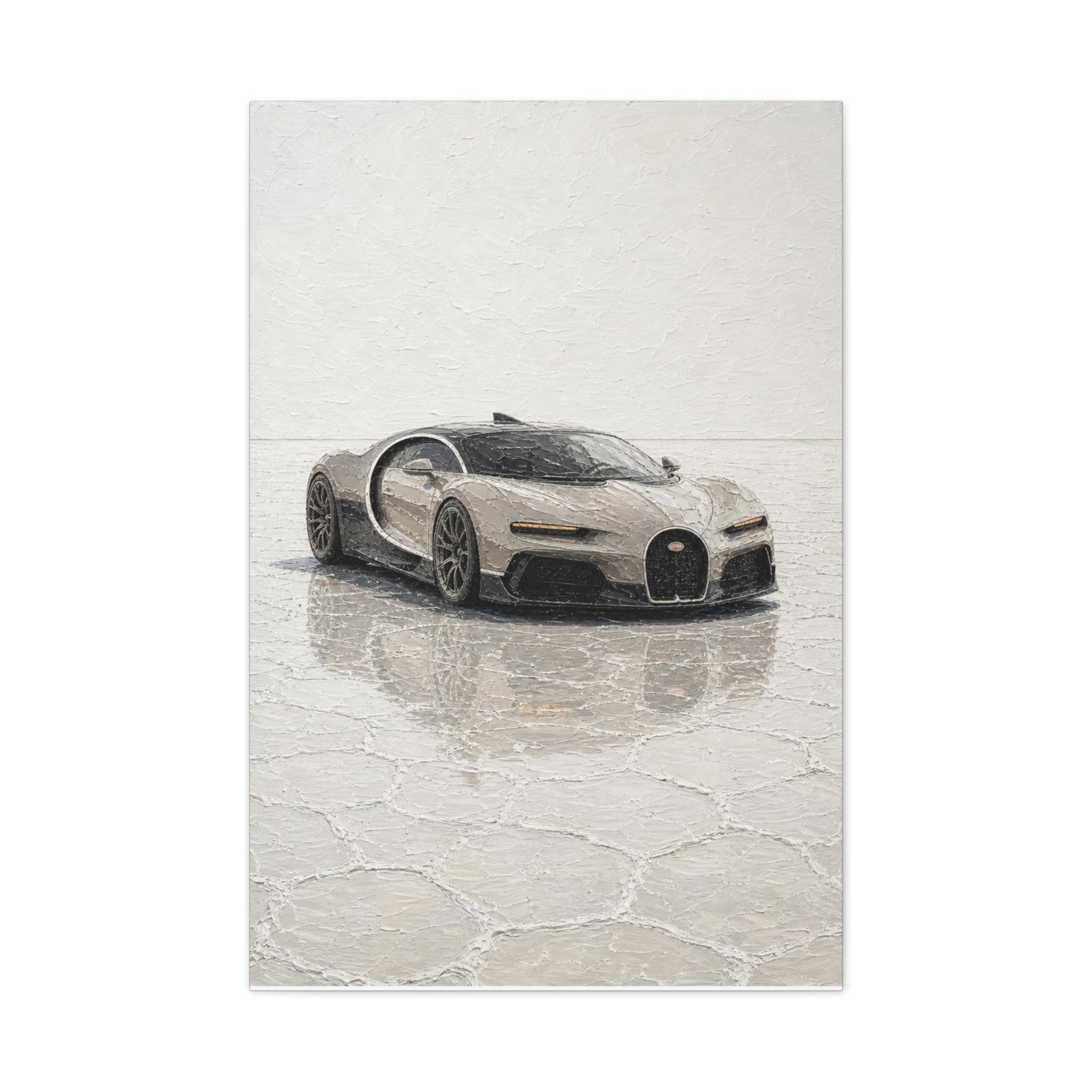 Luxury Sports Car Canvas Print - Bugatti White Reflection (Matte Stretched)