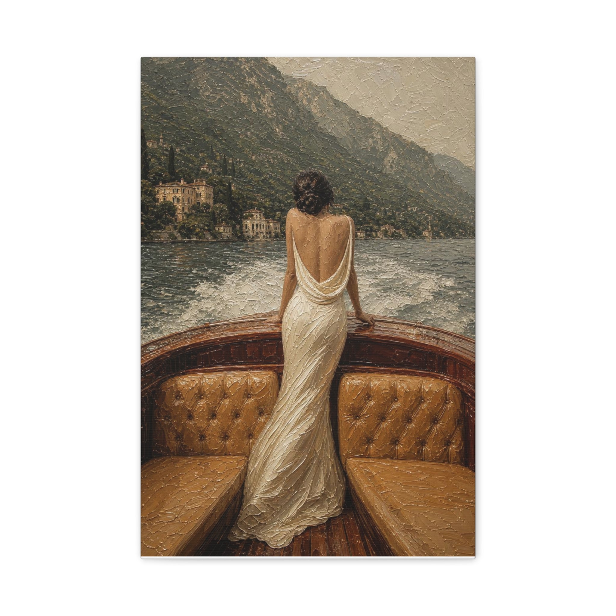 Vintage Lake Escape Canvas Wall Art — Woman in White Dress Boat Scene (Matte Stretched)