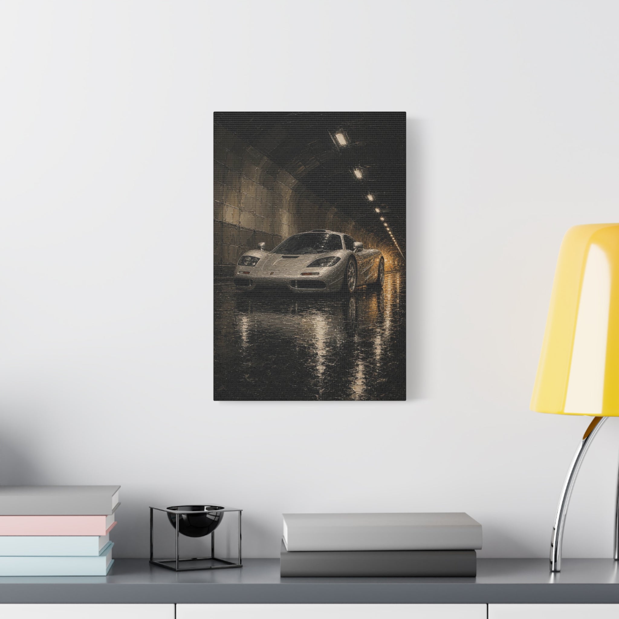 Silver Supercar Canvas Print — Rainy Tunnel Wall Art for Garage &amp; Man Cave