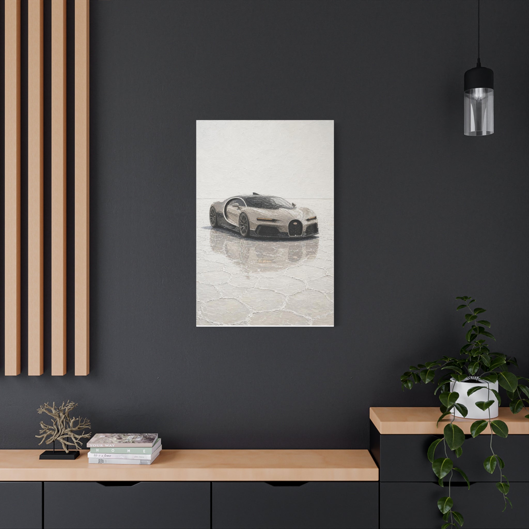 Luxury Sports Car Canvas Print - Bugatti White Reflection (Matte Stretched)