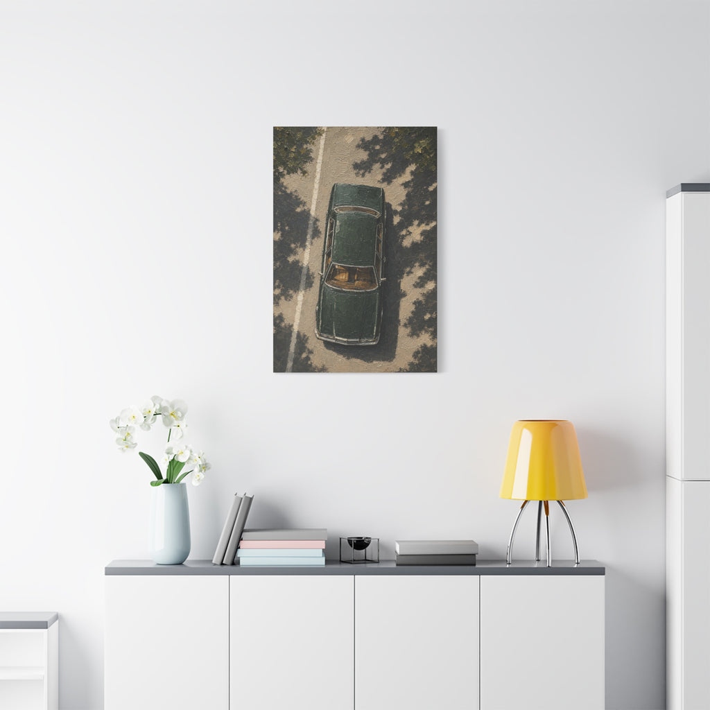 Vintage Green Car Canvas Print — Aerial Retro Automobile Wall Art