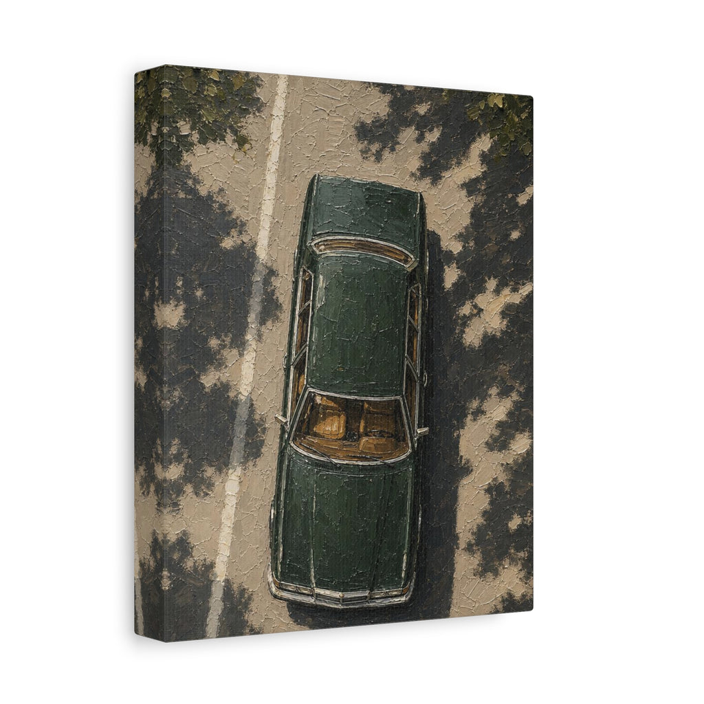 Vintage Green Car Canvas Print — Aerial Retro Automobile Wall Art