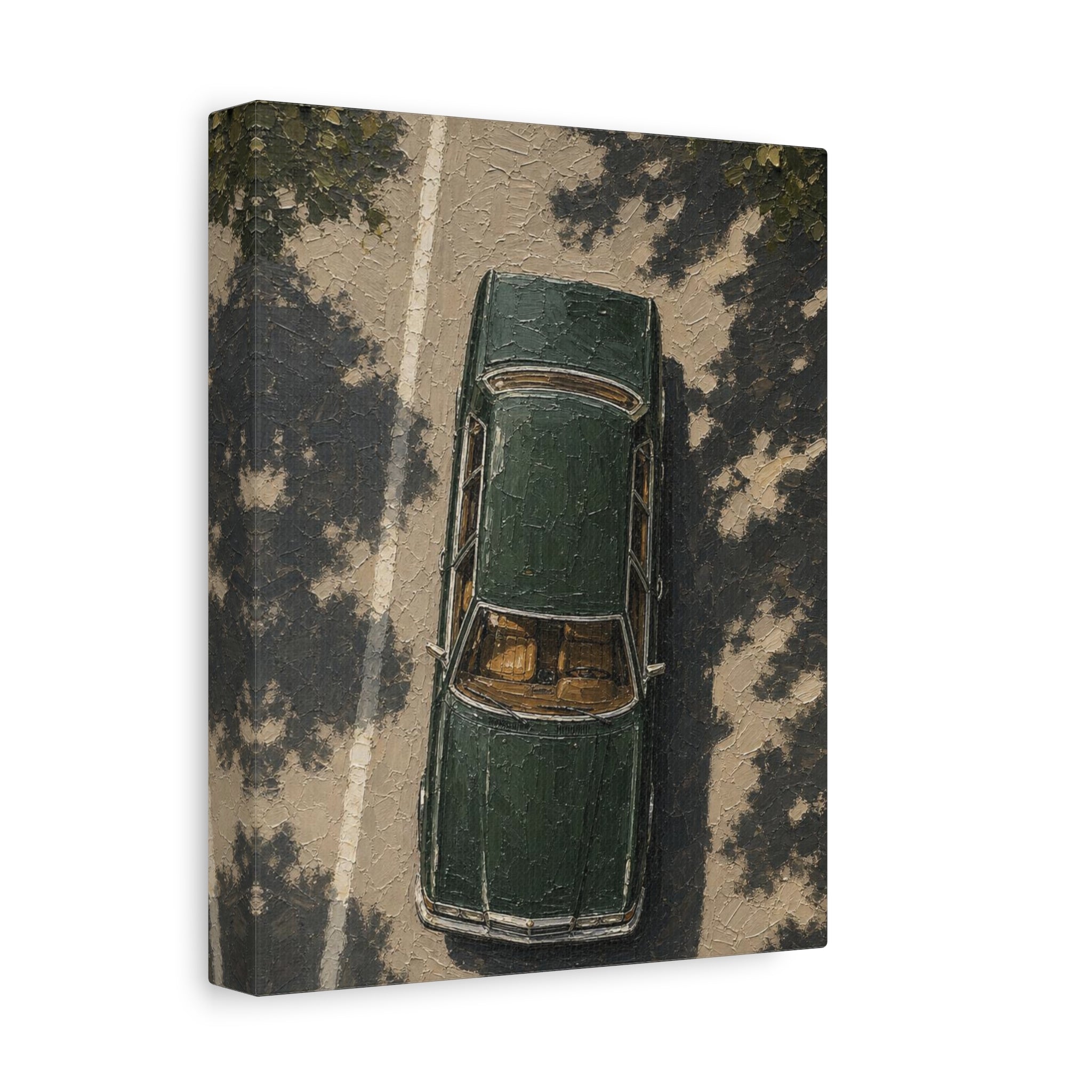 Vintage Green Car Canvas Print — Aerial Retro Automobile Wall Art