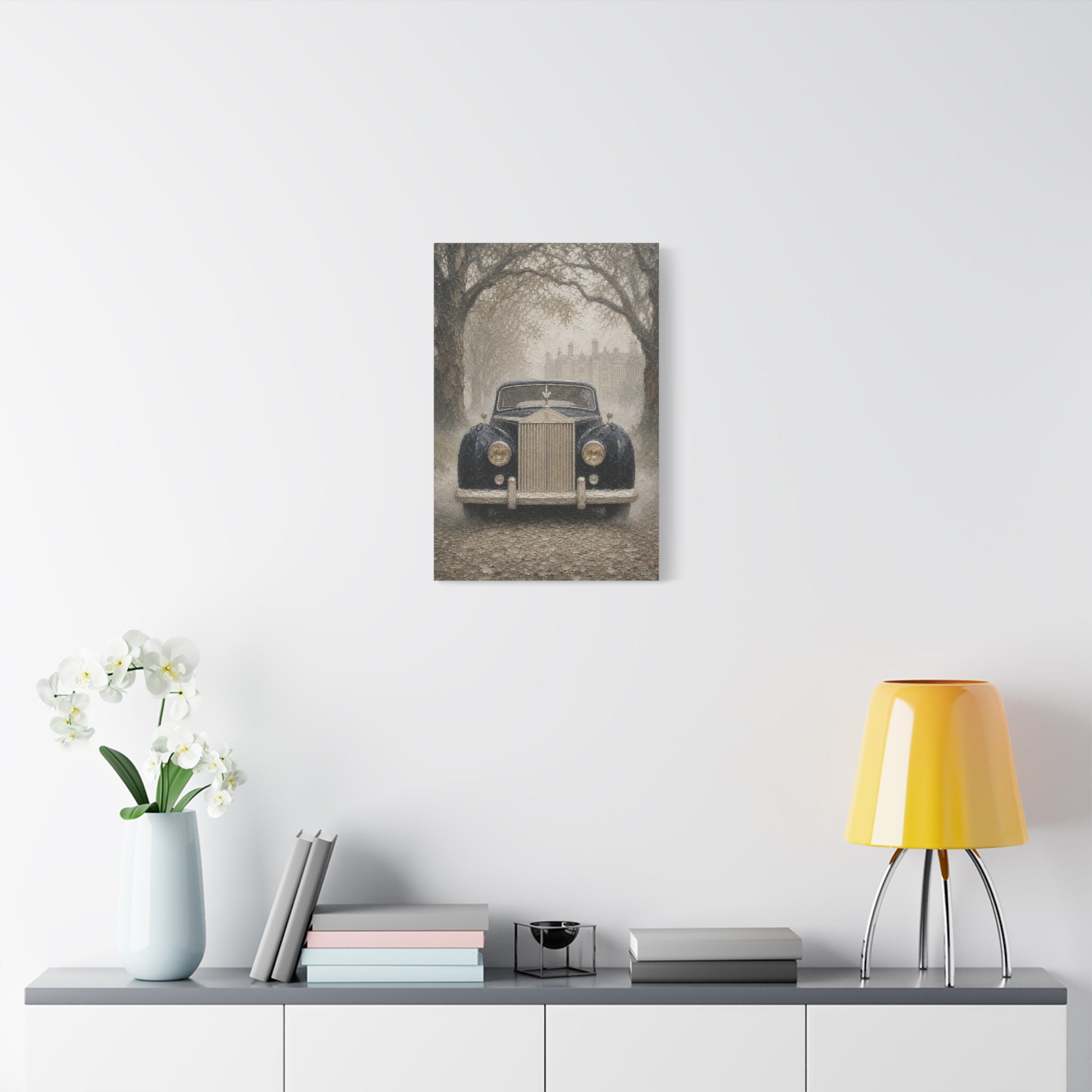Vintage Rolls-Royce Canvas Wall Art — Classic Black Car Stretched Matte Canvas
