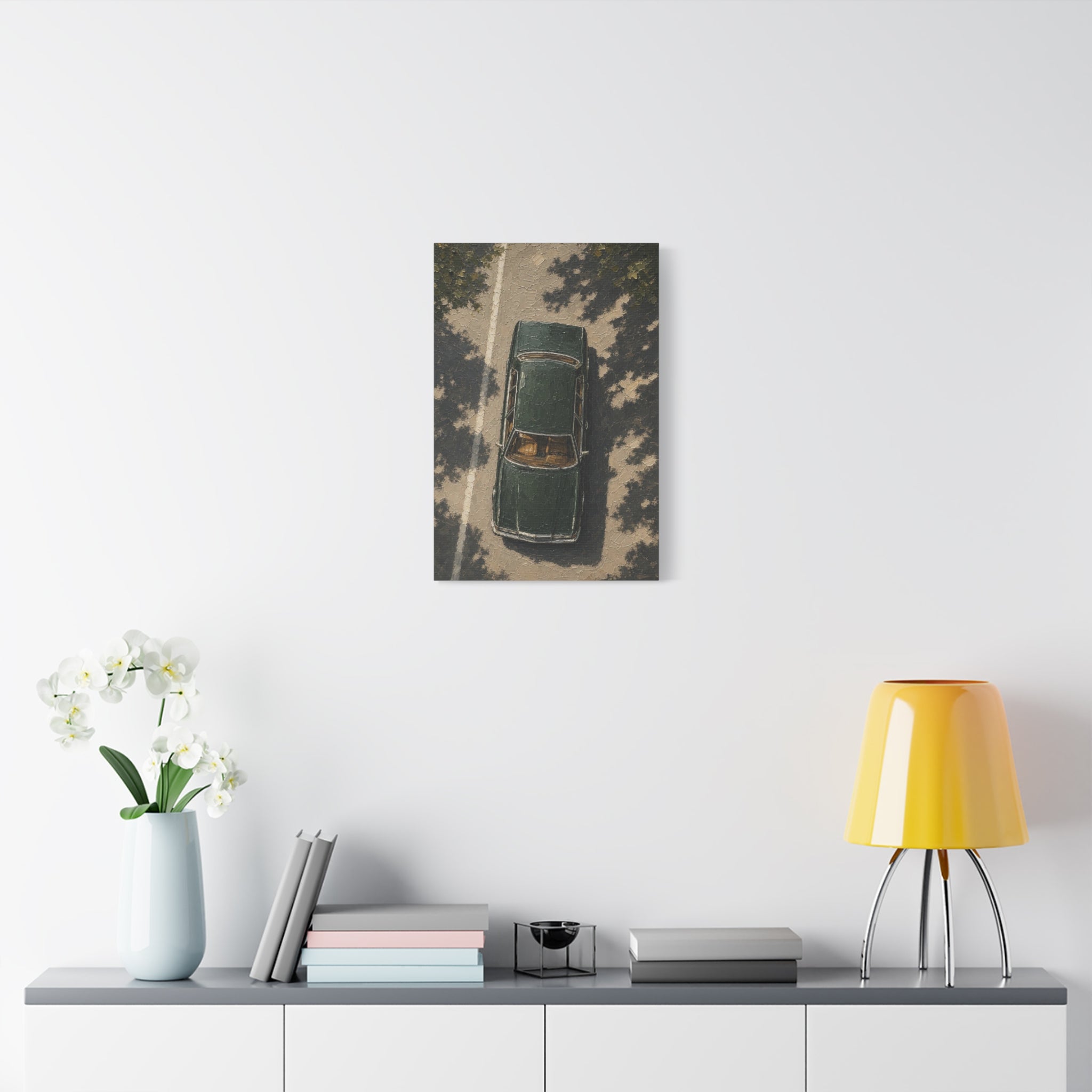 Vintage Green Car Canvas Print — Aerial Retro Automobile Wall Art