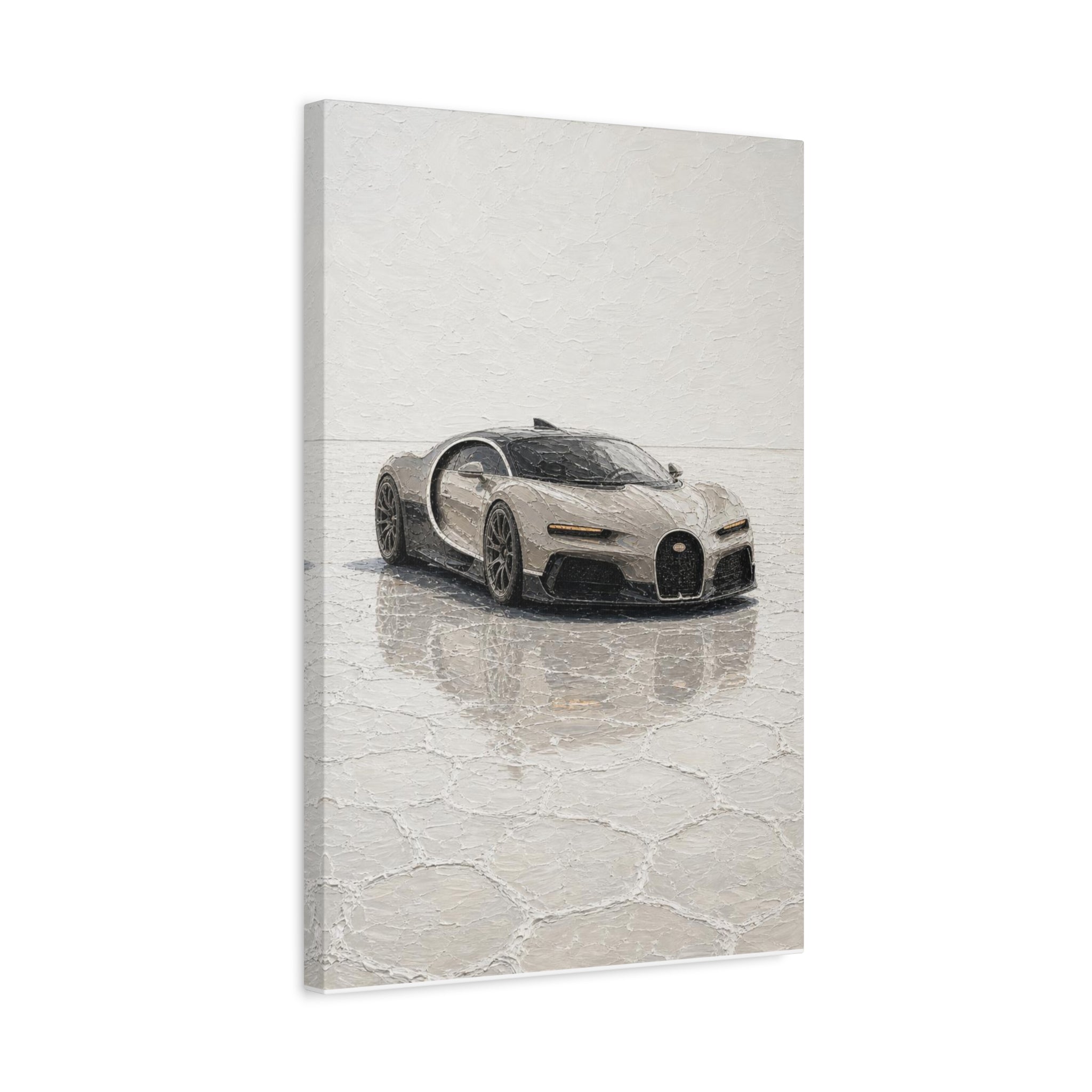 Luxury Sports Car Canvas Print - Bugatti White Reflection (Matte Stretched)