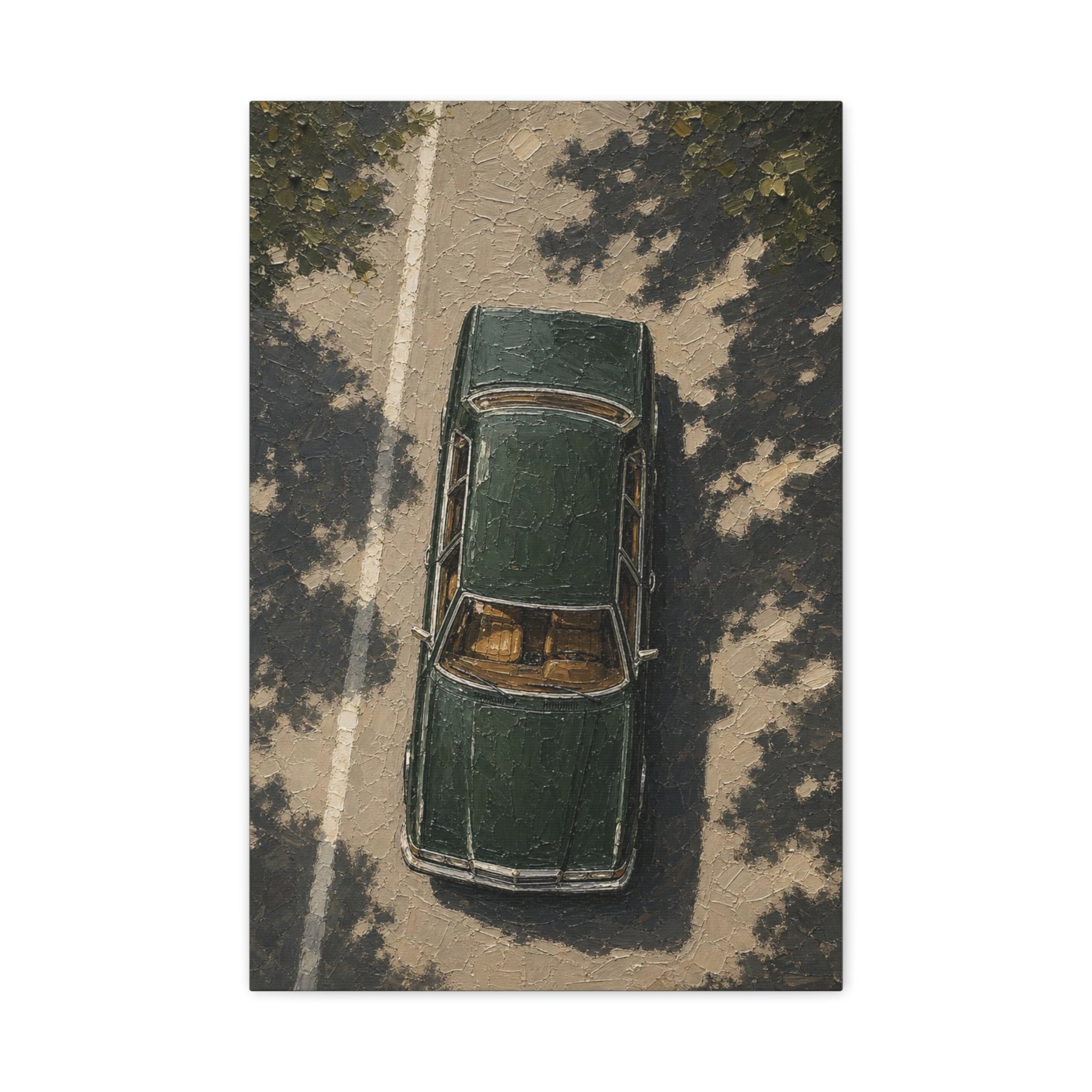 Vintage Green Car Canvas Print — Aerial Retro Automobile Wall Art