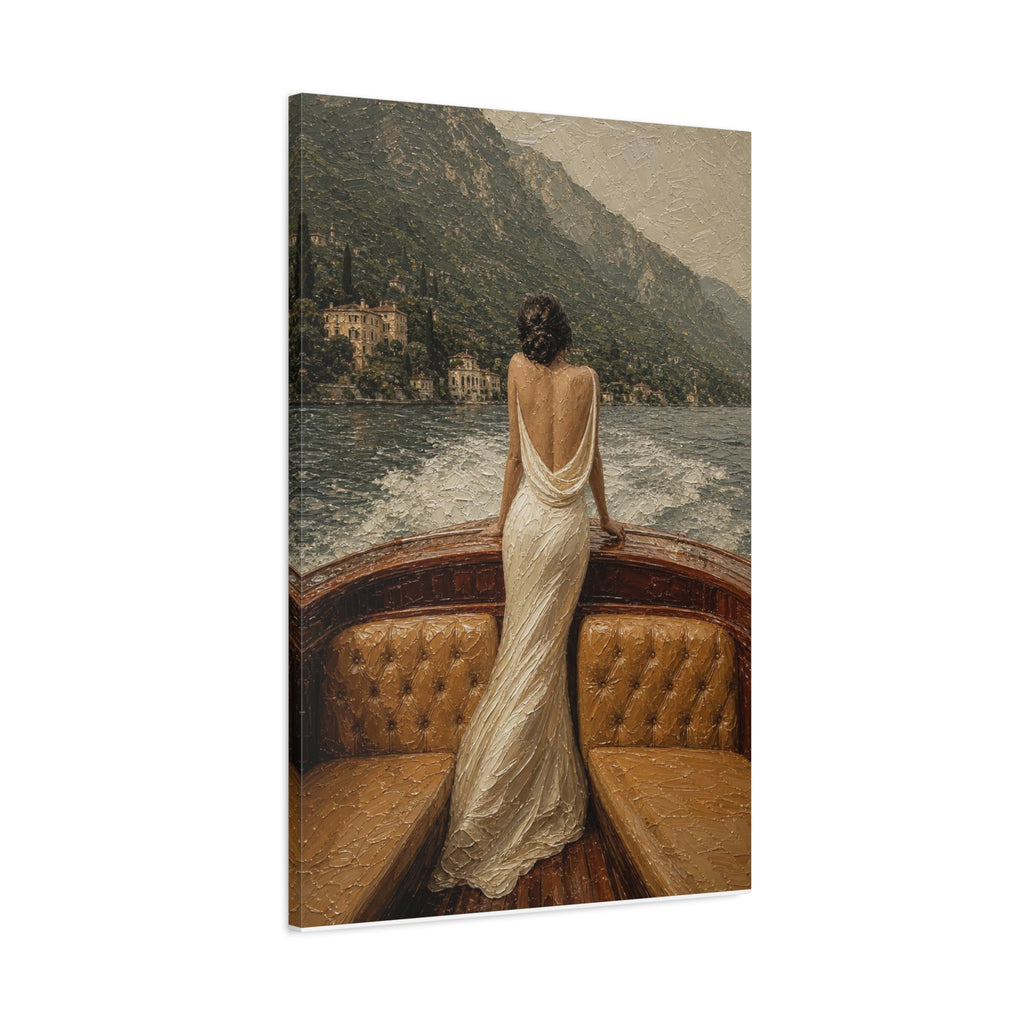 Vintage Lake Escape Canvas Wall Art — Woman in White Dress Boat Scene (Matte Stretched)