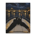 Romantic Night Cruise Canvas Print — Couple on Boat Over City Lights