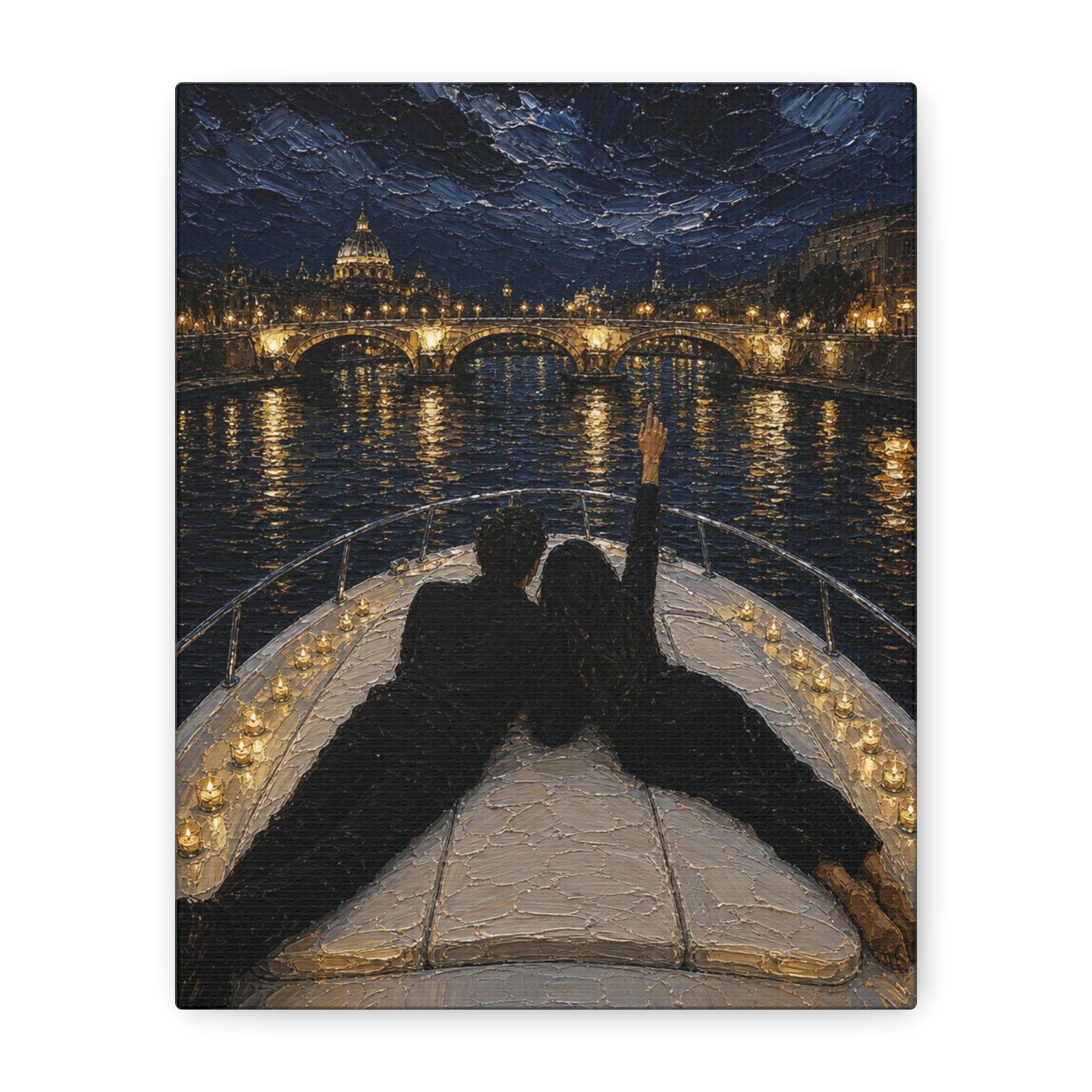 Romantic Night Cruise Canvas Print — Couple on Boat Over City Lights