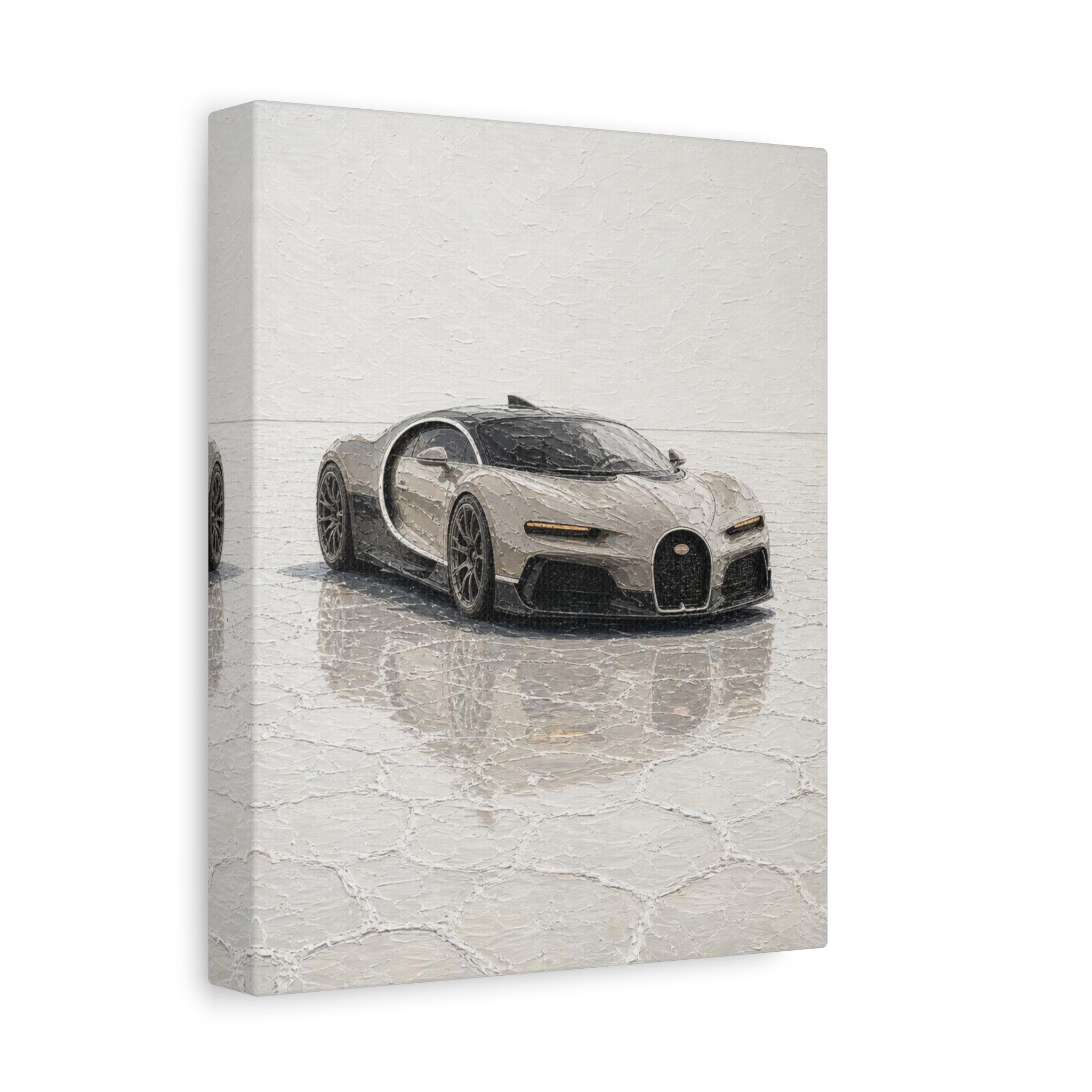 Luxury Sports Car Canvas Print - Bugatti White Reflection (Matte Stretched)