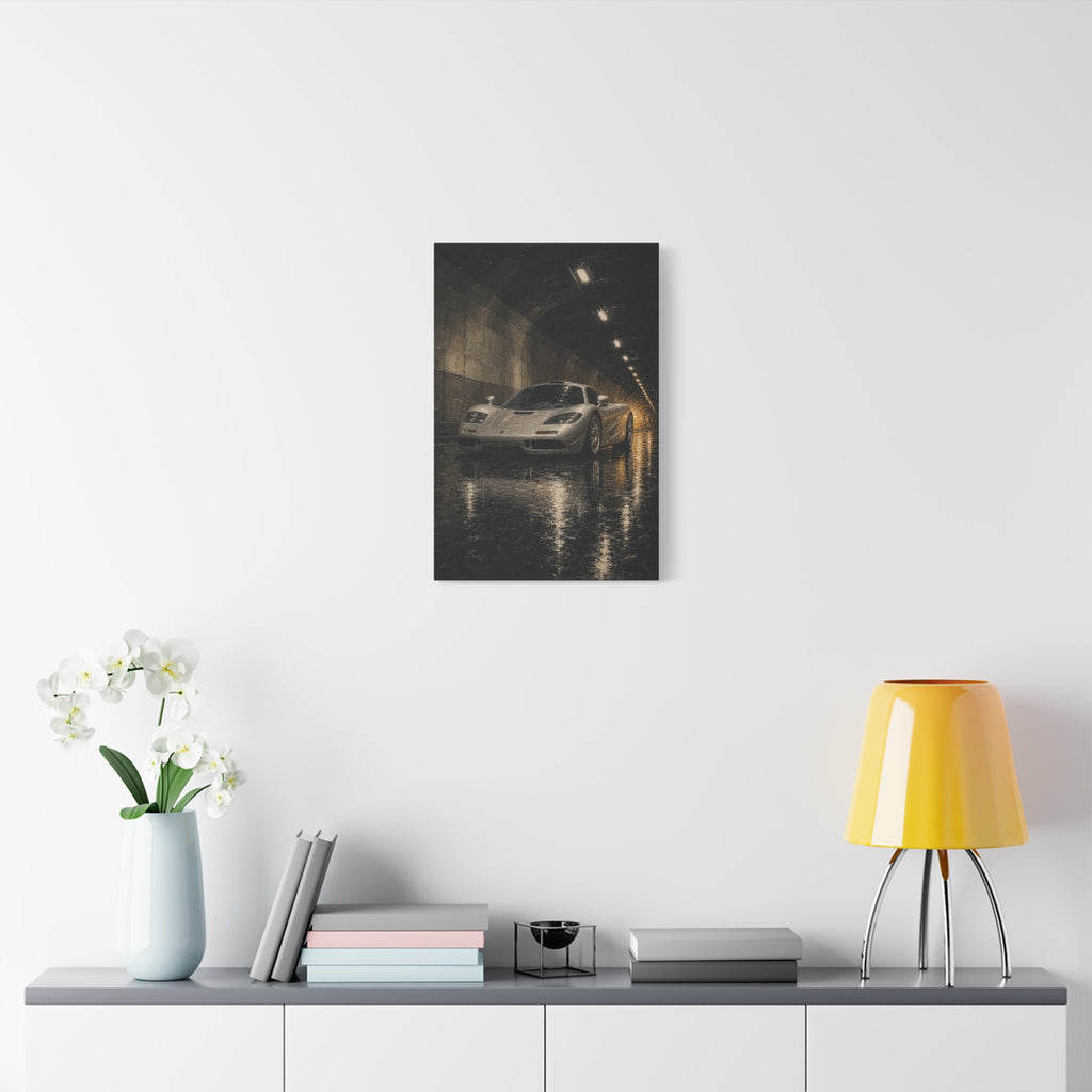 Silver Supercar Canvas Print — Rainy Tunnel Wall Art for Garage &amp; Man Cave