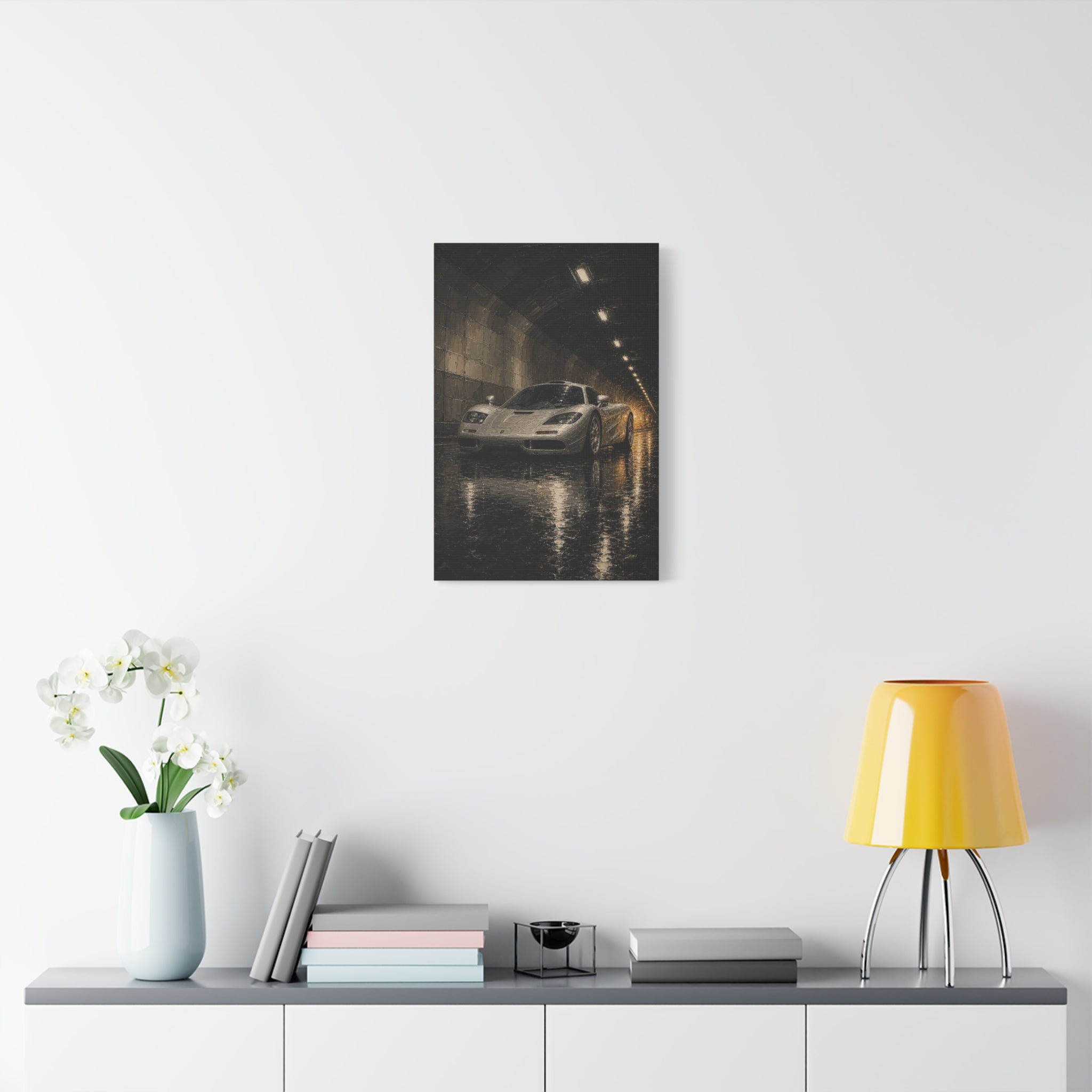 Silver Supercar Canvas Print — Rainy Tunnel Wall Art for Garage &amp; Man Cave