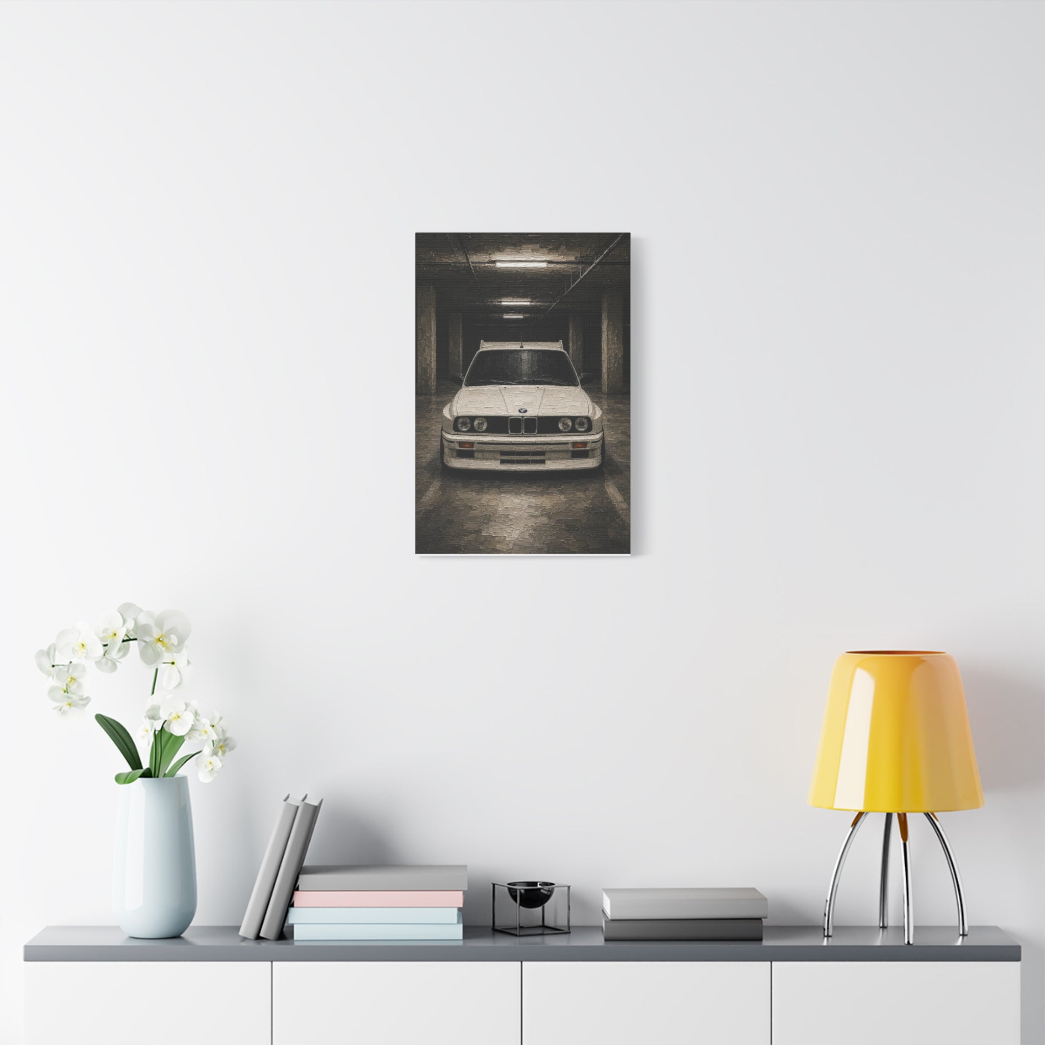 BMW E30 Art Print — Vintage White Car Matte Canvas