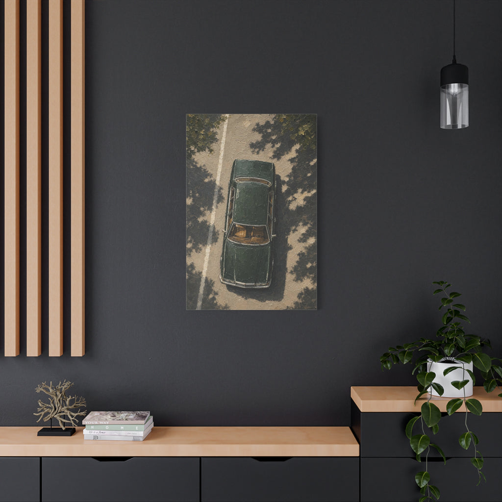 Vintage Green Car Canvas Print — Aerial Retro Automobile Wall Art