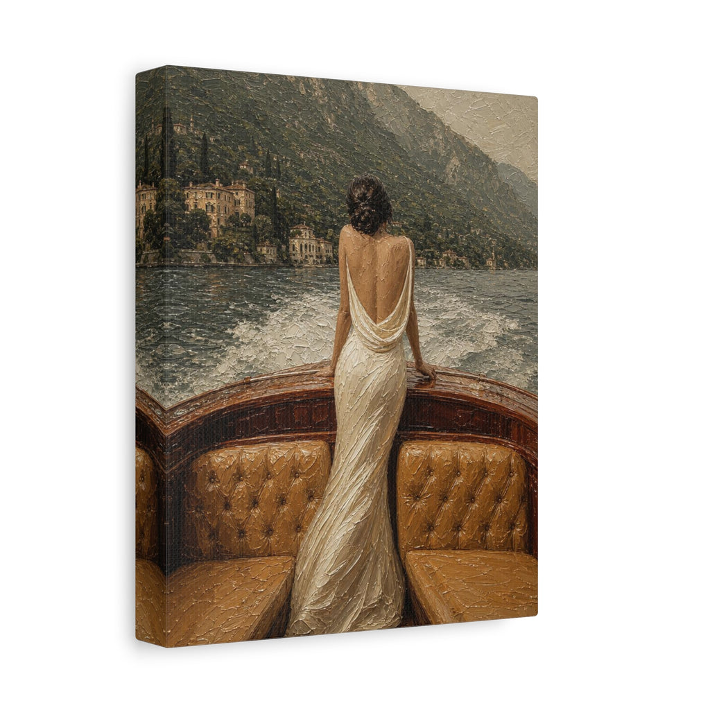 Vintage Lake Escape Canvas Wall Art — Woman in White Dress Boat Scene (Matte Stretched)