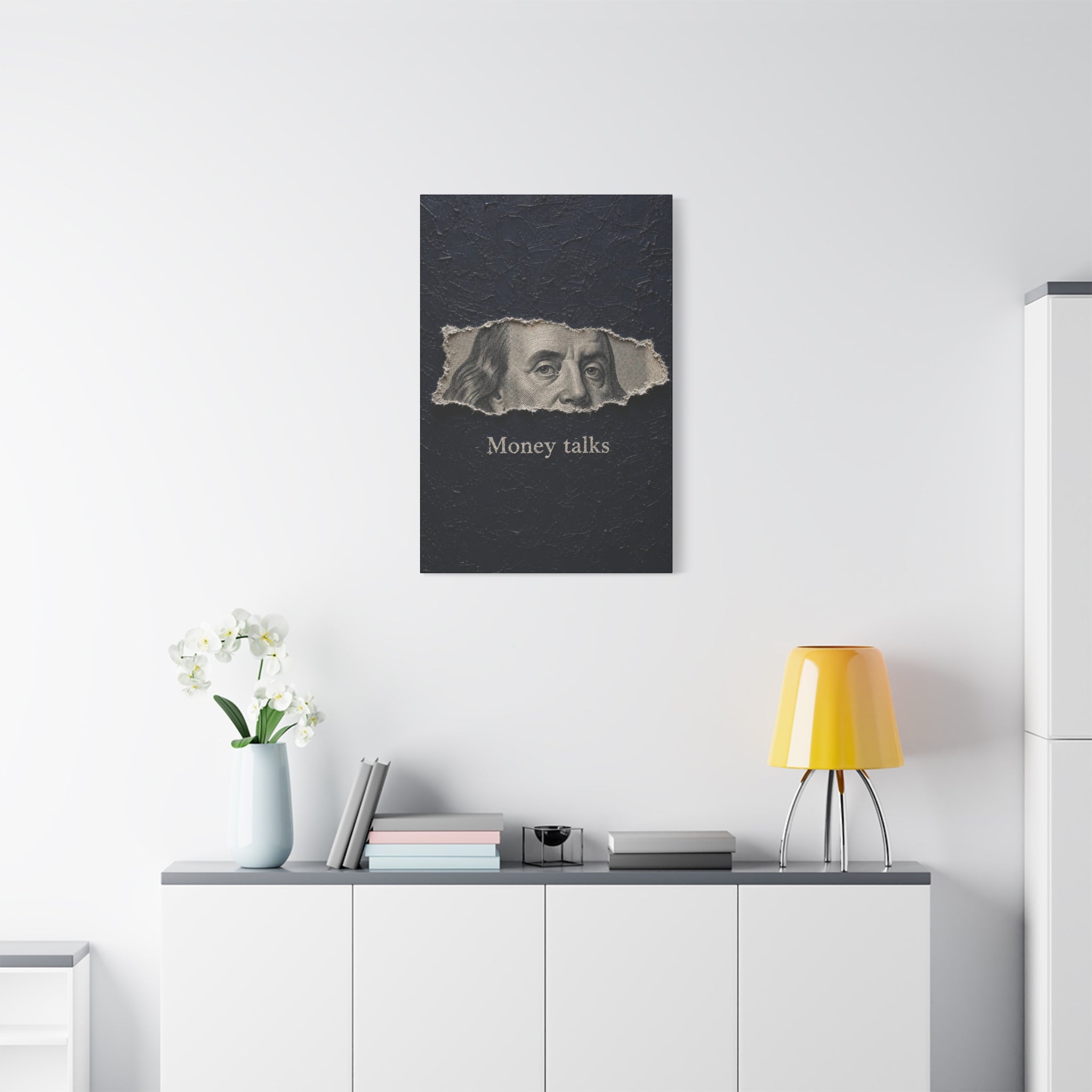 Money Talks Canvas Wall Art — Benjamin Franklin Torn-Paper Design