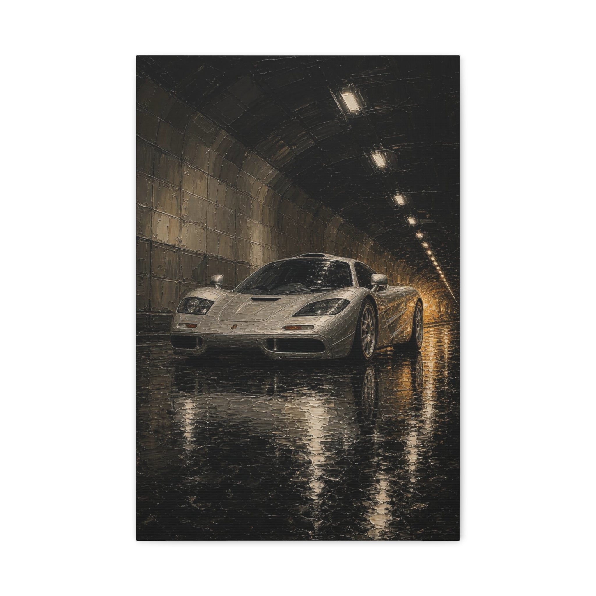 Silver Supercar Canvas Print — Rainy Tunnel Wall Art for Garage &amp; Man Cave