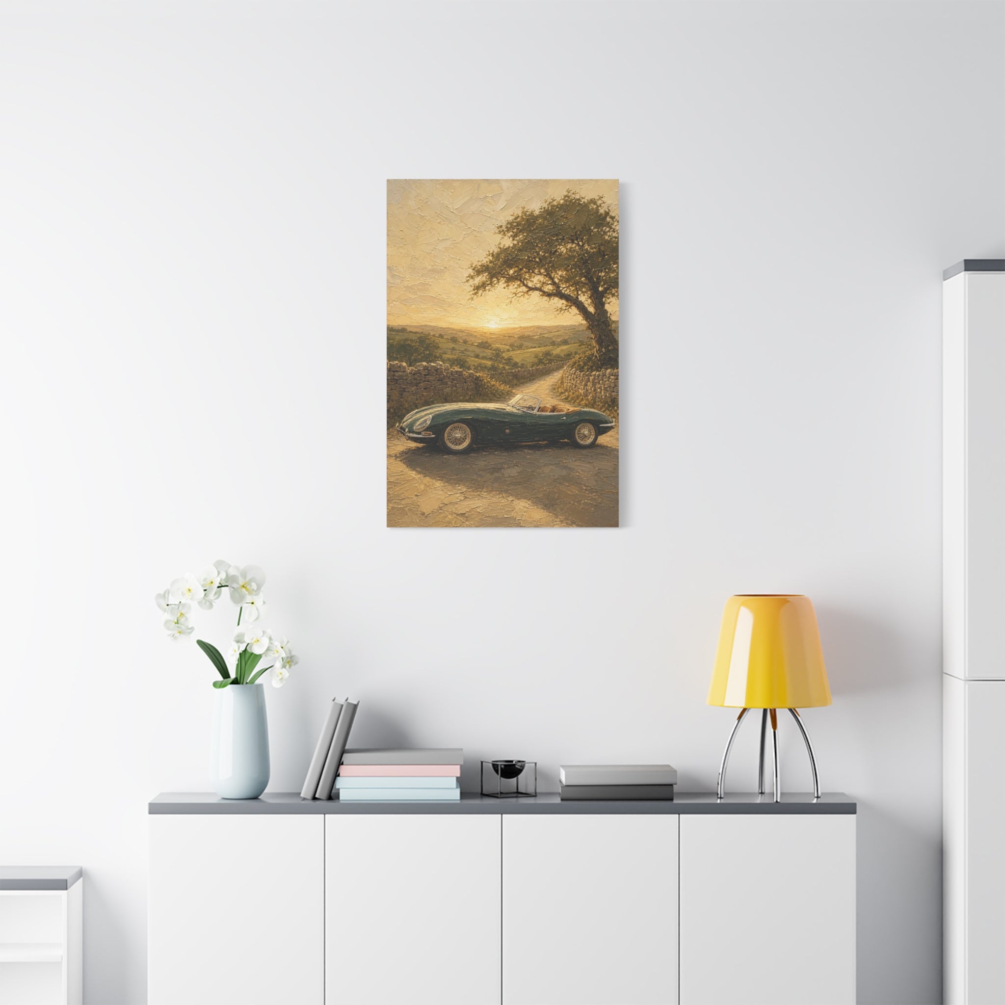 Vintage Sports Car Canvas Wall Art – Classic Roadside Sunset Print