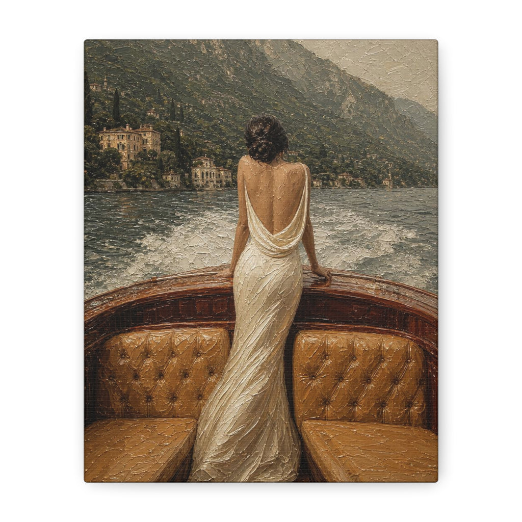 Vintage Lake Escape Canvas Wall Art — Woman in White Dress Boat Scene (Matte Stretched)