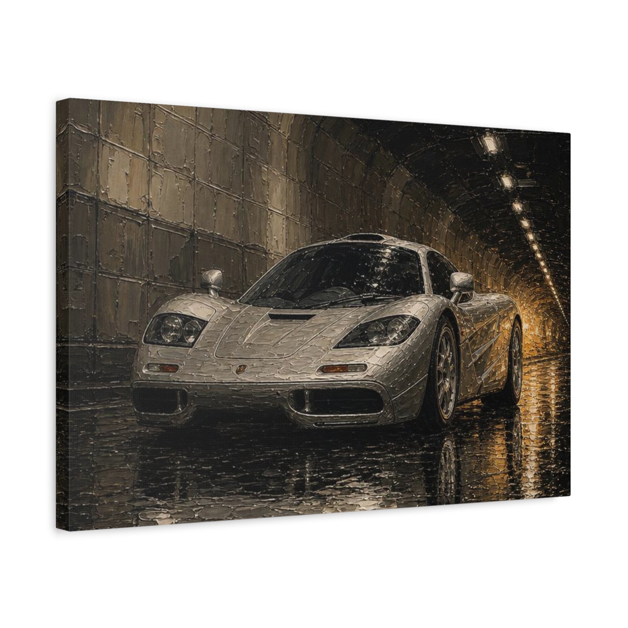 Silver Supercar Canvas Print — Rainy Tunnel Wall Art for Garage &amp; Man Cave
