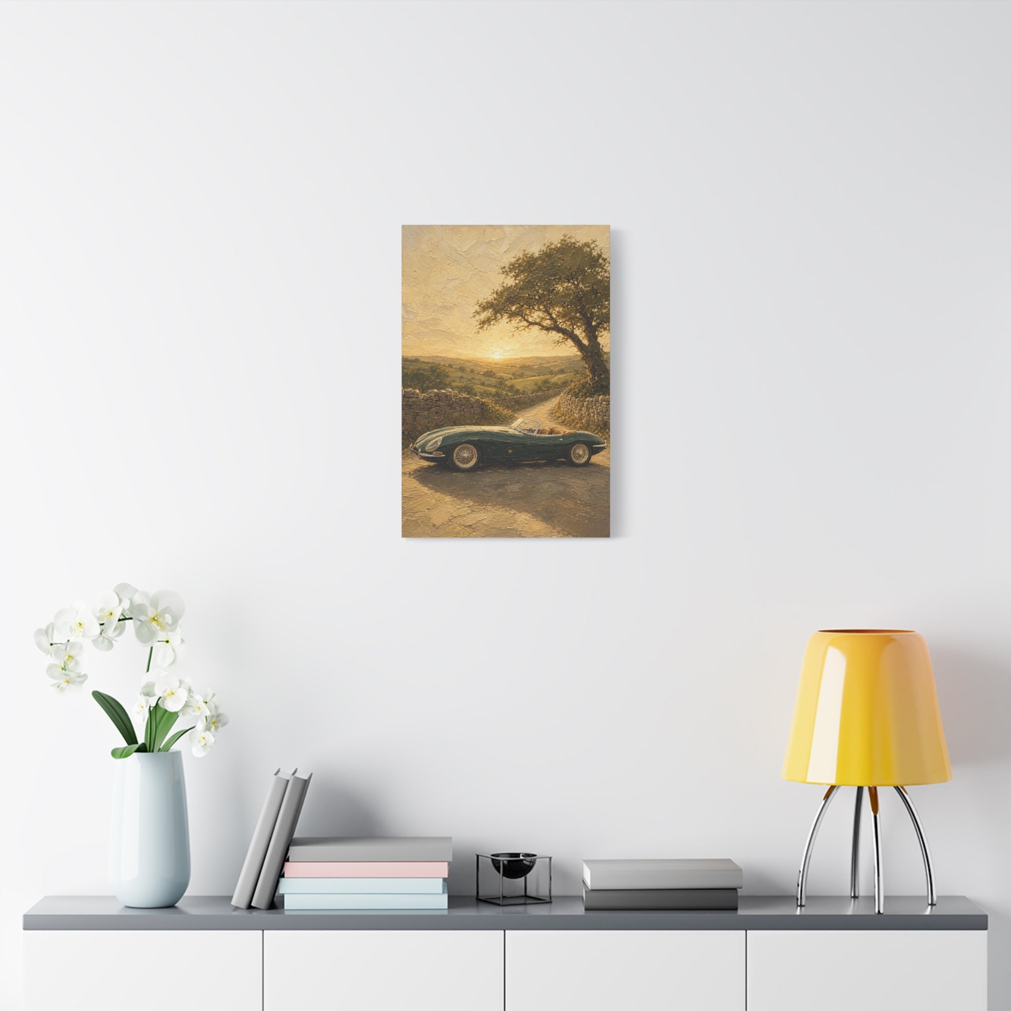 Vintage Sports Car Canvas Wall Art – Classic Roadside Sunset Print
