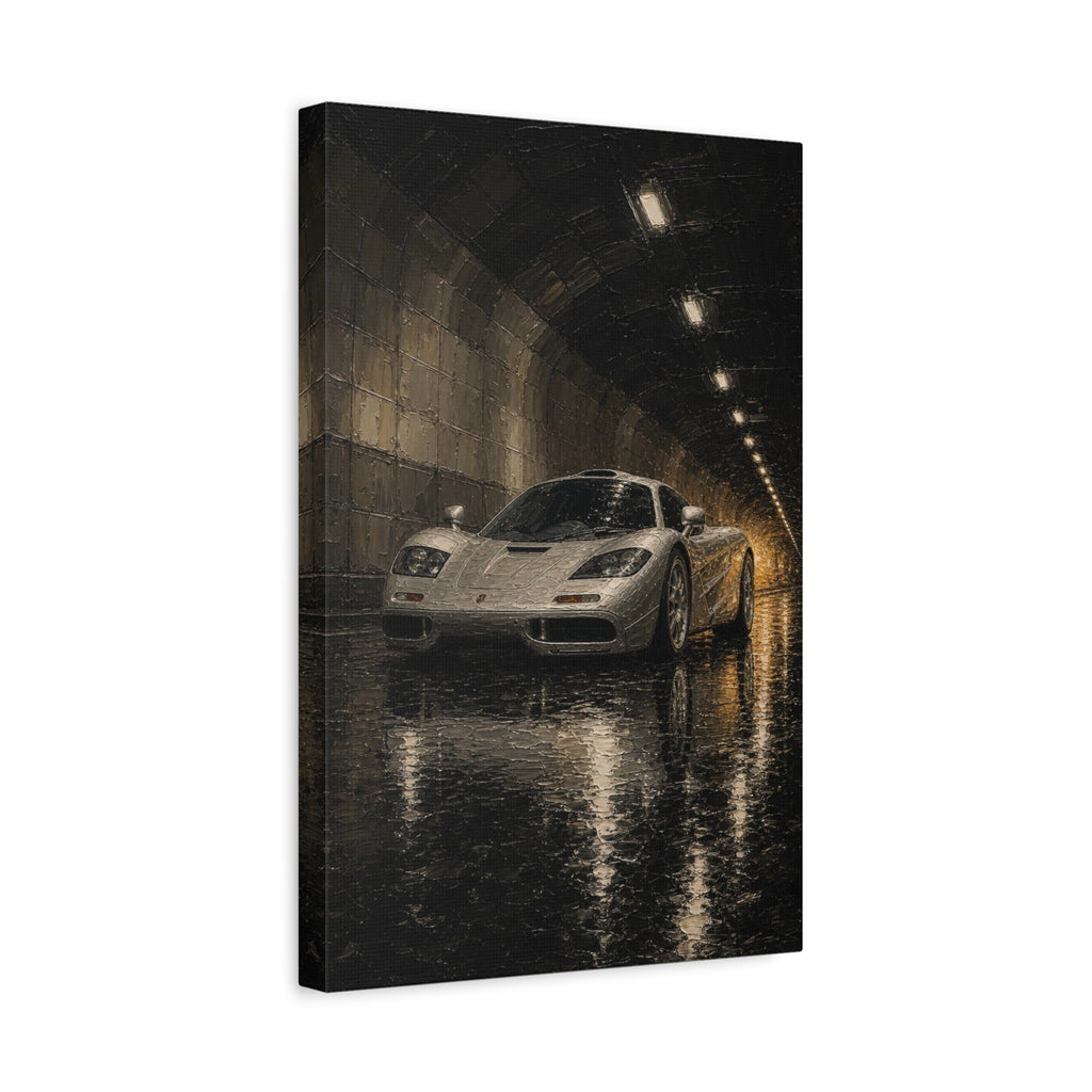 Silver Supercar Canvas Print — Rainy Tunnel Wall Art for Garage &amp; Man Cave