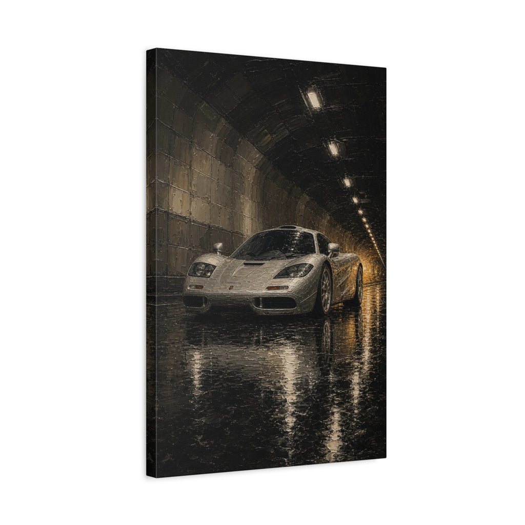 Silver Supercar Canvas Print — Rainy Tunnel Wall Art for Garage &amp; Man Cave