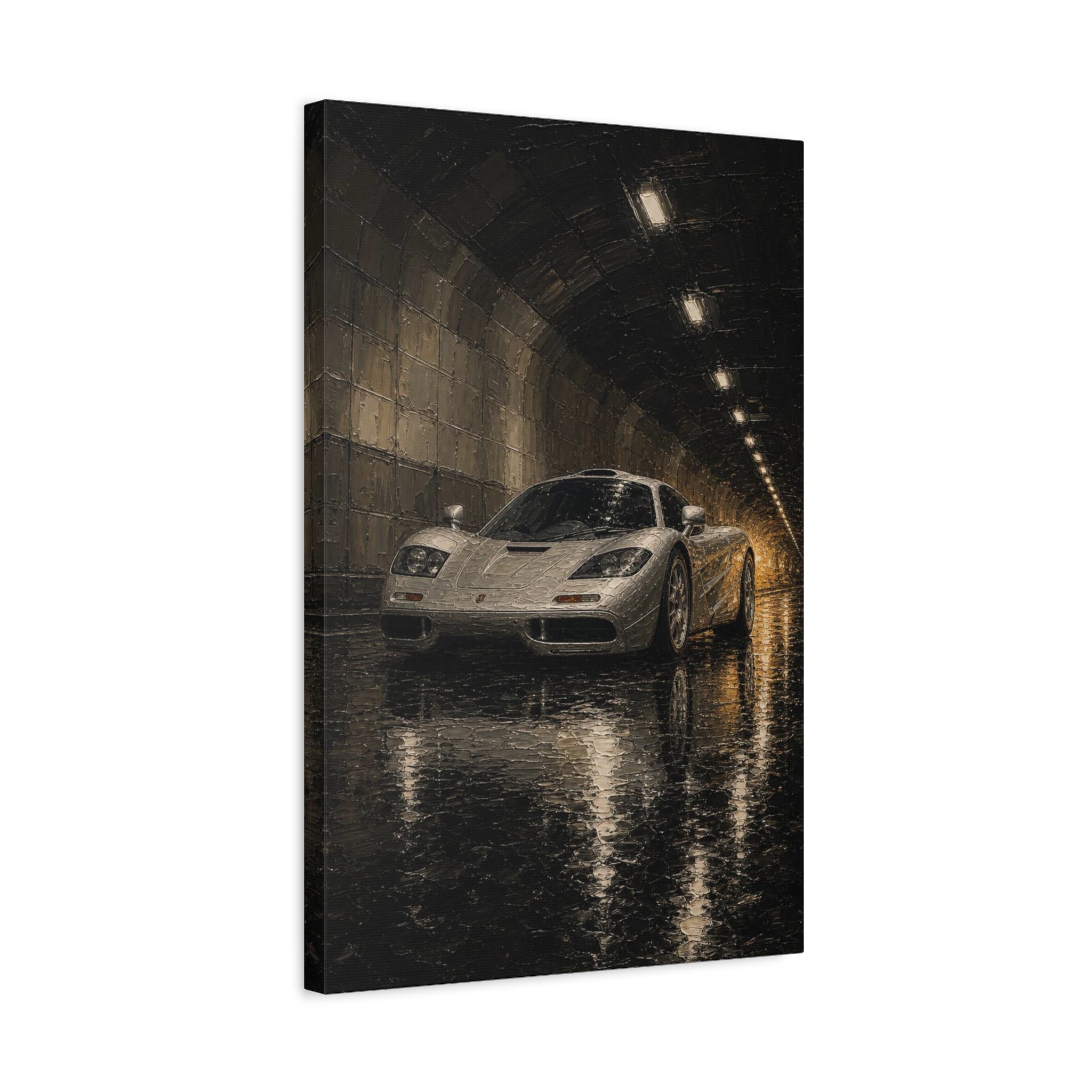 Silver Supercar Canvas Print — Rainy Tunnel Wall Art for Garage &amp; Man Cave