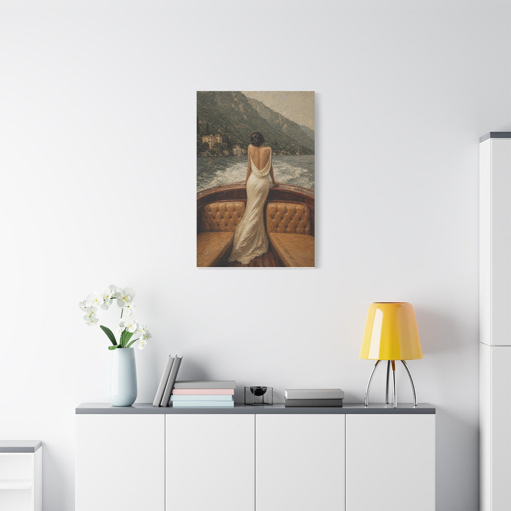 Vintage Lake Escape Canvas Wall Art — Woman in White Dress Boat Scene (Matte Stretched)