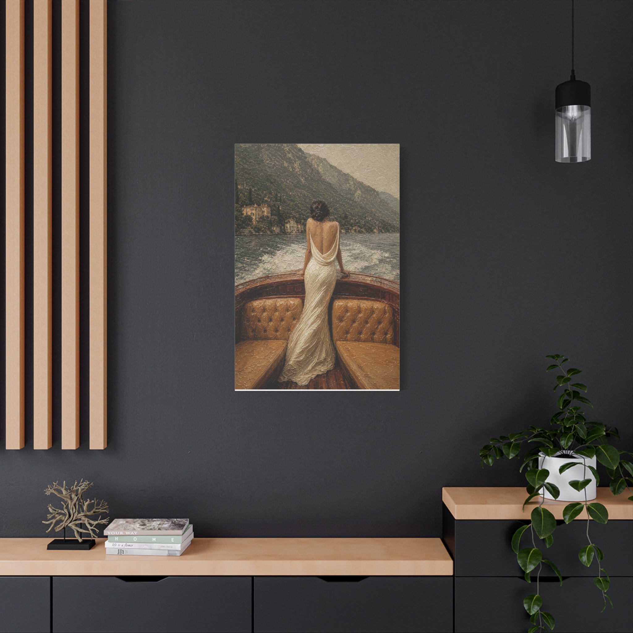 Vintage Lake Escape Canvas Wall Art — Woman in White Dress Boat Scene (Matte Stretched)